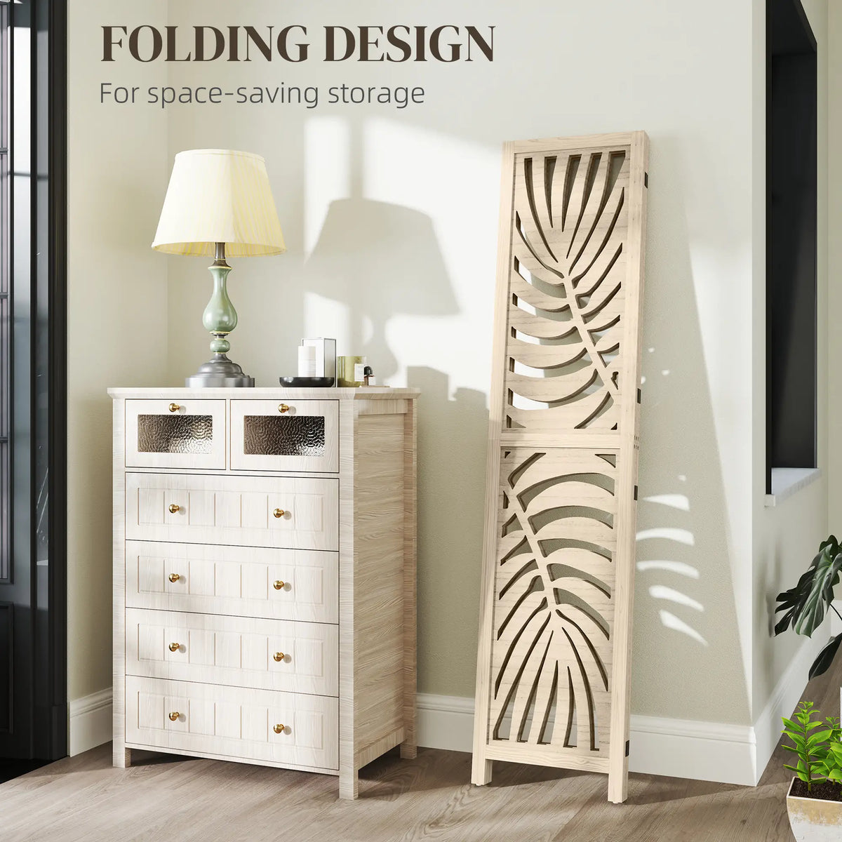 3 Panel Room Divider, Detachable Folding Privacy Screen, Palm Leaf Design, Natural Wood Finish Room Dividers at Gallery Canada