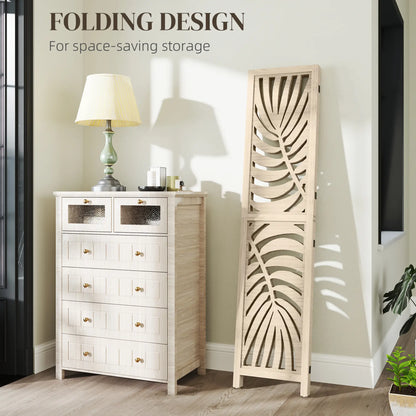 3 Panel Room Divider, Detachable Folding Privacy Screen, Palm Leaf Design, Natural Wood Finish Room Dividers at Gallery Canada
