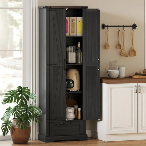 71 Inch Pantry Cabinet, Kitchen Storage with Adjustable Shelves, 2 Doors, Drawer, Black