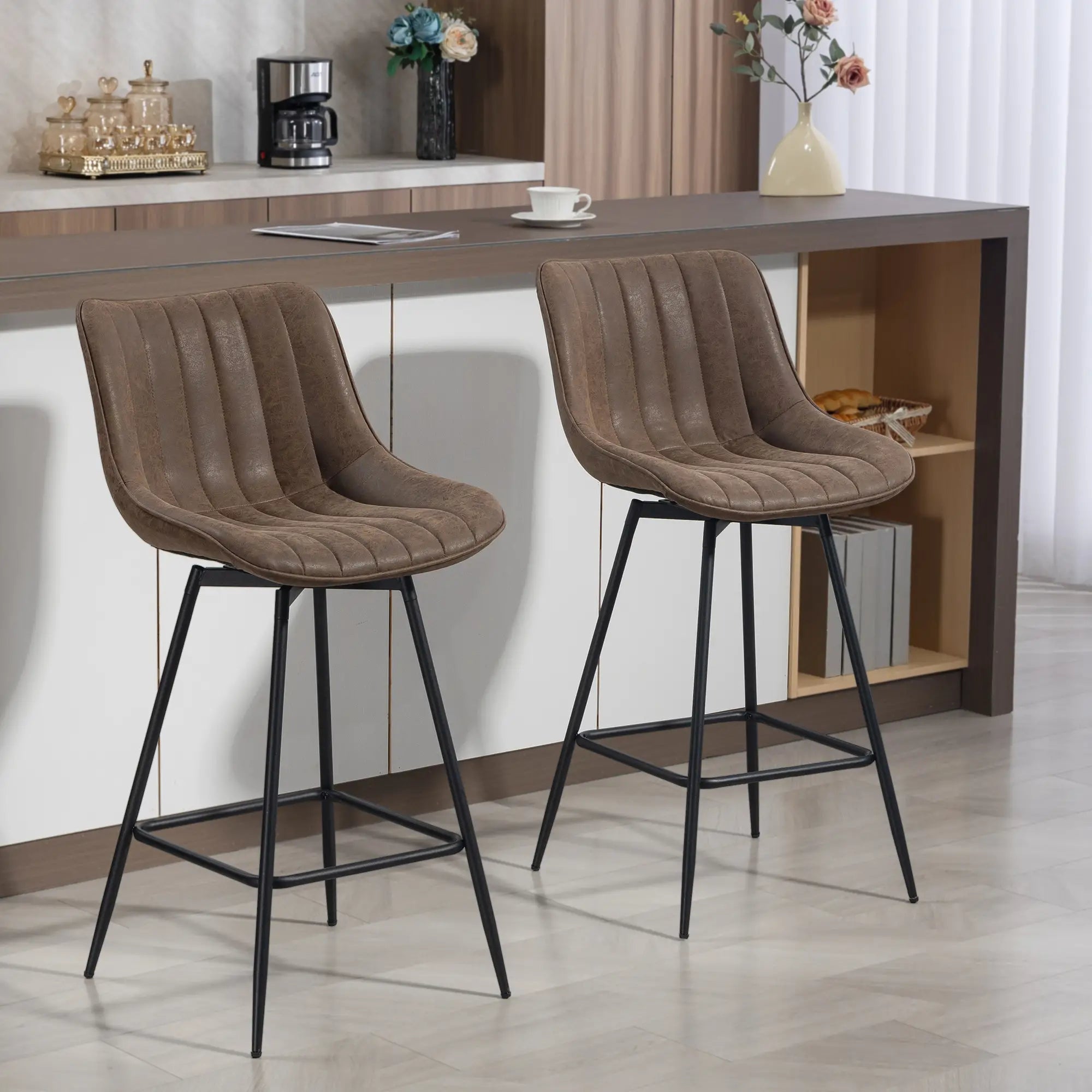Set of 2 Counter Height Barstools, PU Leather, Brown Bar Stools at Gallery Canada