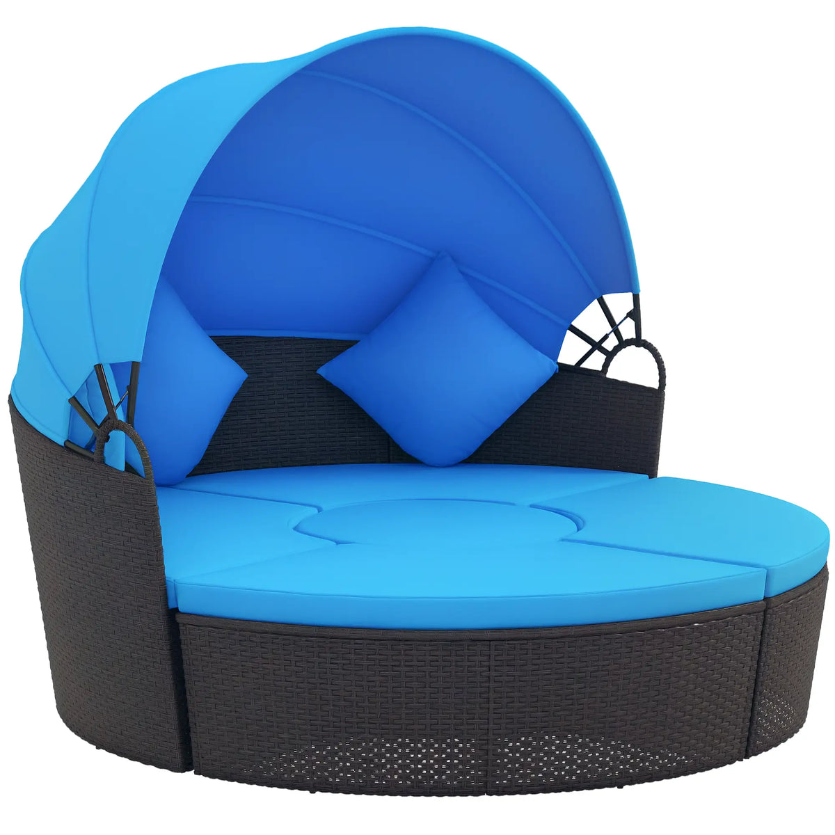 4-Piece Round Sofa Bed, Outdoor Daybed, Retractable Canopy, PE Rattan Daybeds Black Rattan, Blue Cushion at Gallery Canada