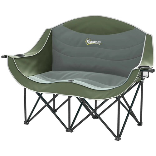 Portable Camp Chair, Double With Cup Holders, Carry Bag, 551 lbs, Dark Green
