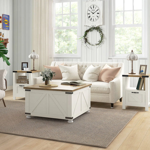Farmhouse Side Table with Drawer, Open Shelf, White