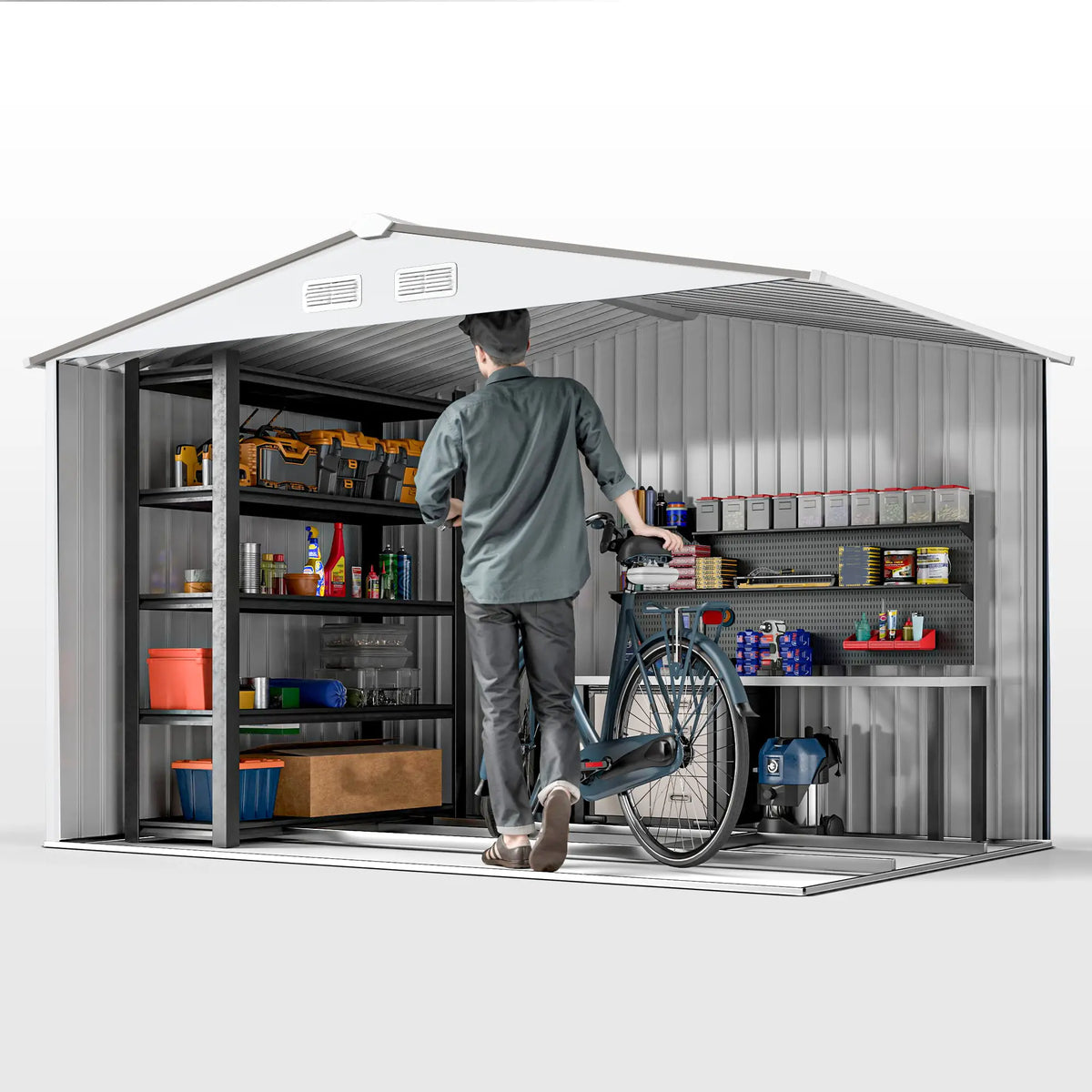 9.1' x 6.4' x 6.3' Garden Storage Shed, Foundation Kit, Metal Tool House, Double Doors, Silver Sheds at Gallery Canada