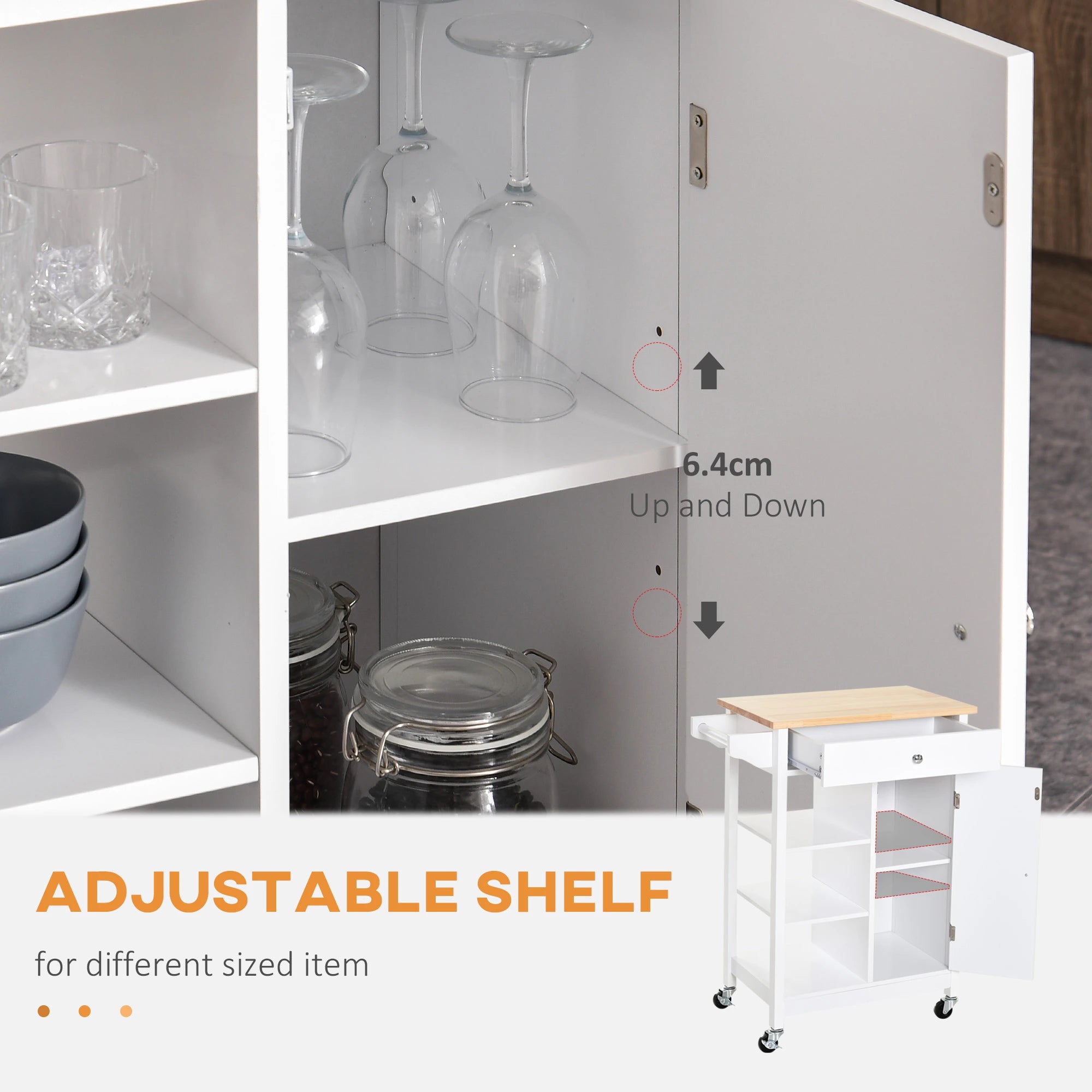 Modern Rolling Kitchen Island Cart, Natural Wood Top, White Kitchen Islands & Kitchen Carts at Gallery Canada
