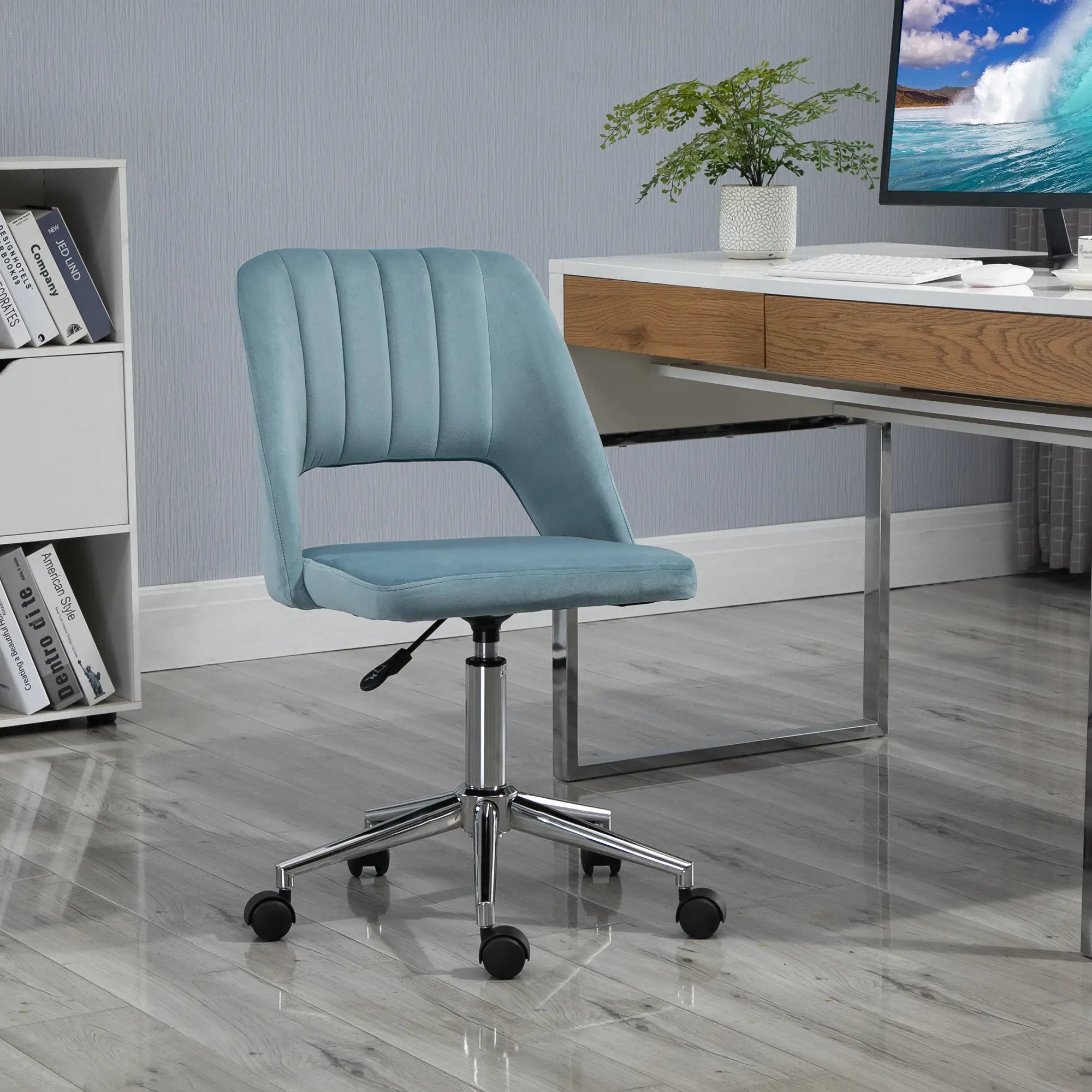 Mid Back Office Chair, Velvet Fabric, Swivel, Scallop Shape, Sky Blue Office Chairs at Gallery Canada