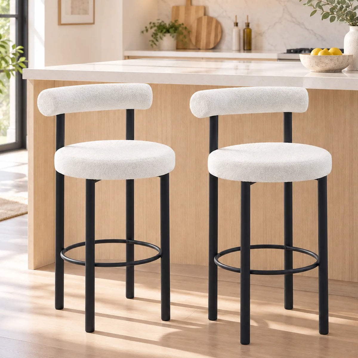 Sherpa Upholstered Bar Stools Set of 2, With Backrest and Footrest Bar Stools at Gallery Canada
