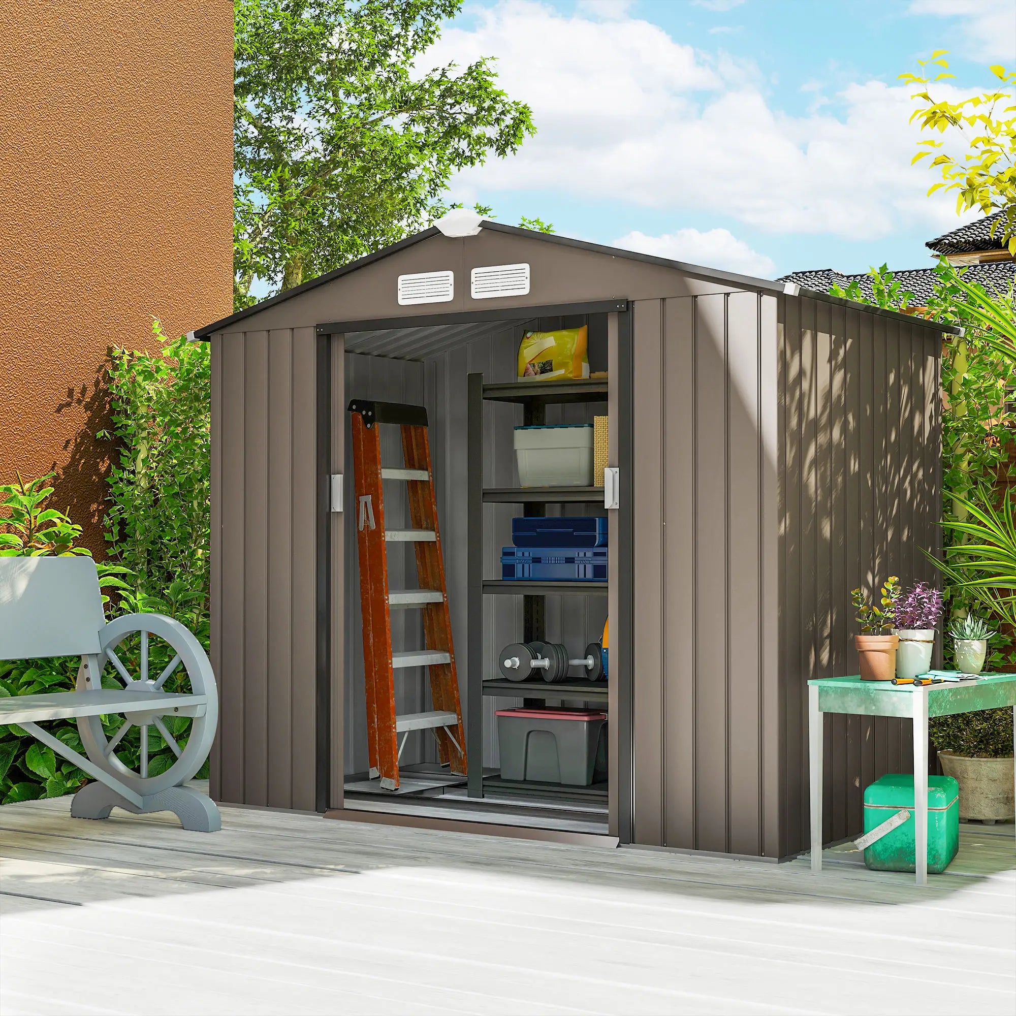7' x 4' x 6' Garden Storage Shed, Metal, Double Doors, Brown Sheds at Gallery Canada
