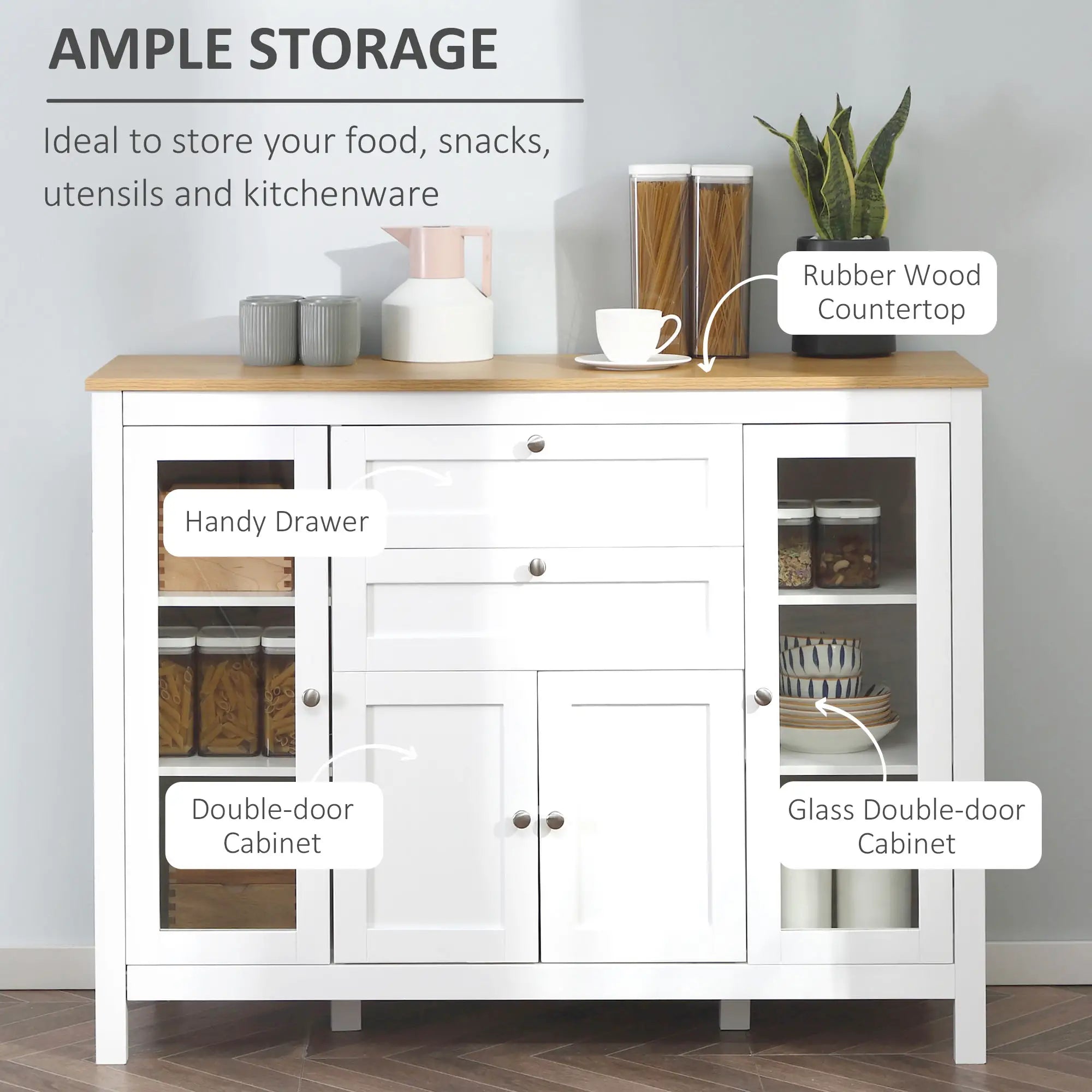 White Buffet Cabinet, 2 Drawers, 3 Cabinets, Glass Doors, Adjustable Shelves, White Bar Cabinets at Gallery Canada