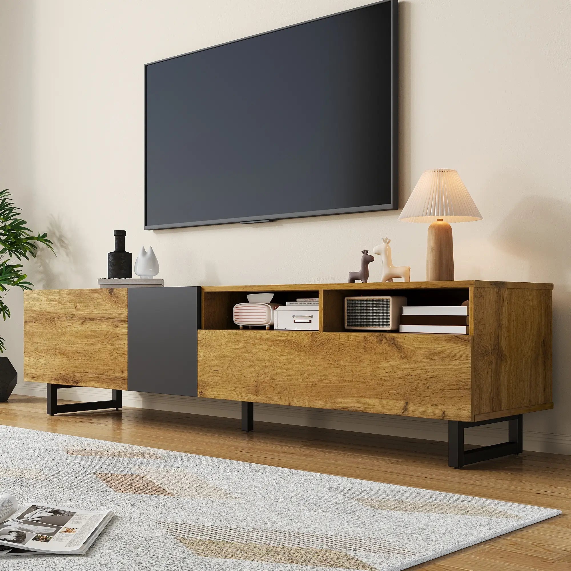 TV Stand, U-Shaped Metal Legs, 3 Doors, 2 Compartments, 67