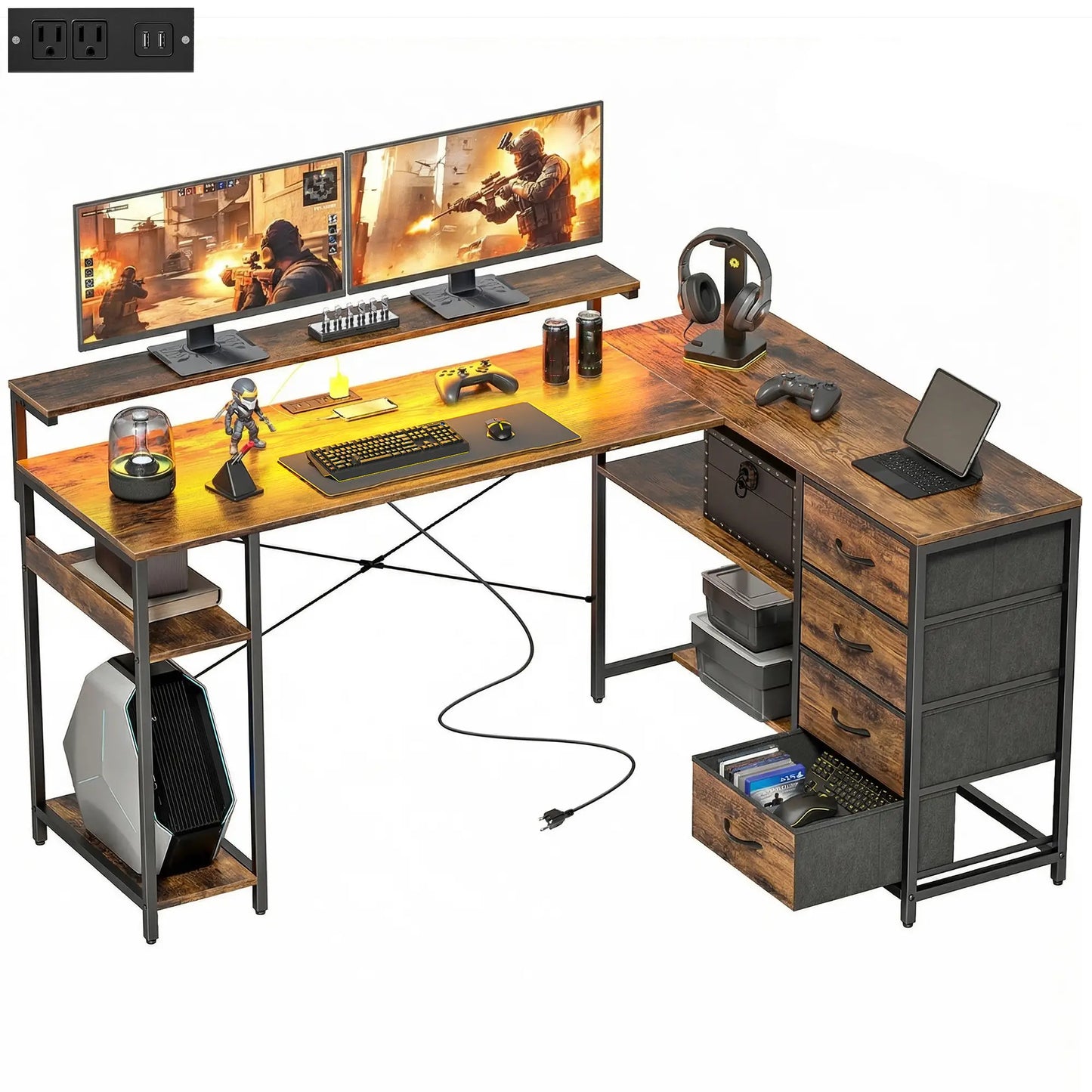 Gaming Desk With Power Outlets, LED Lights, Drawers, Monitor Stand, 61", Rustic Brown Gaming Desks Rustic Brown at Gallery Canada