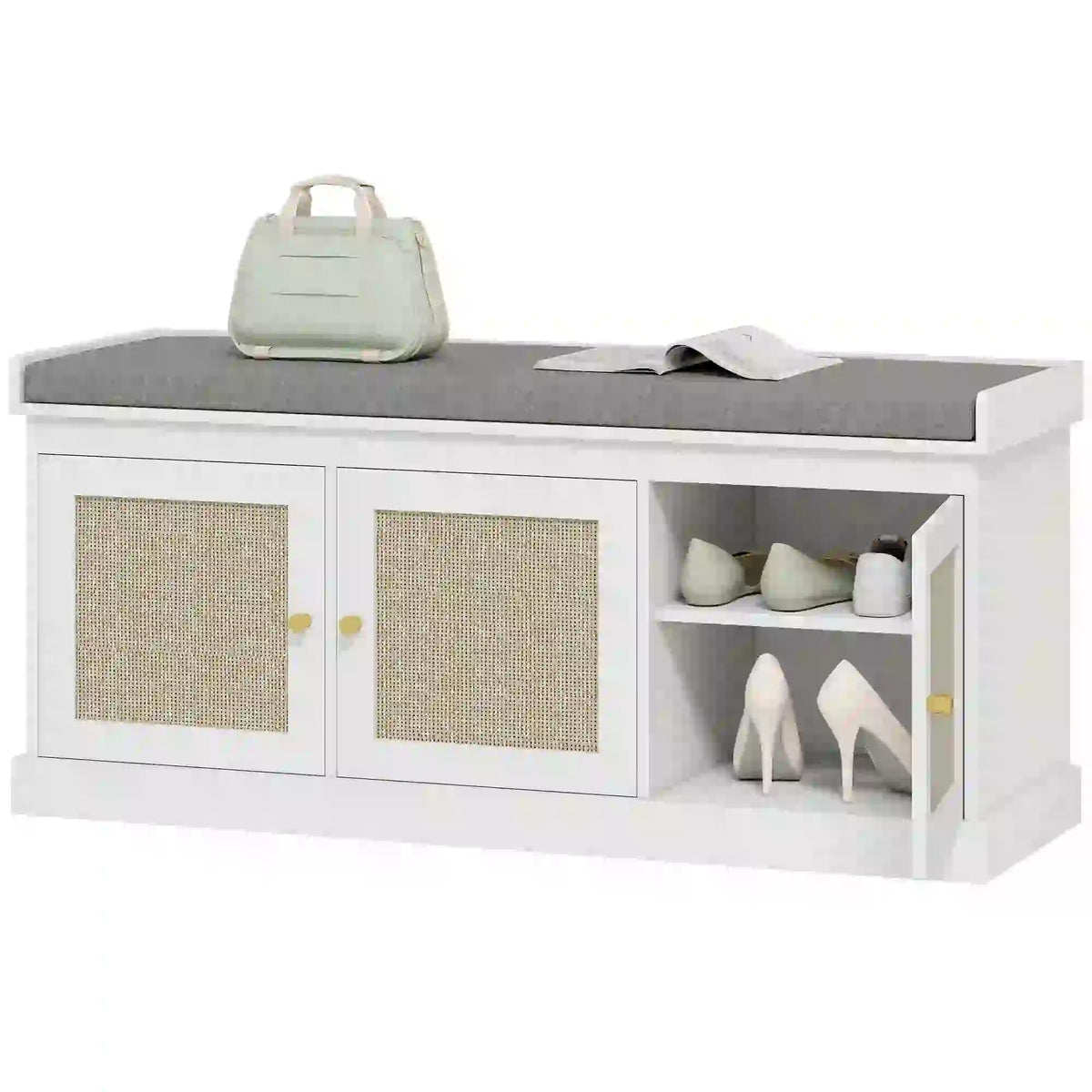 Shoe Storage Bench, Woven Rattan Doors, Adjustable Shelves, White Shoe Storage Cabinets & Racks White, Grey at Gallery Canada