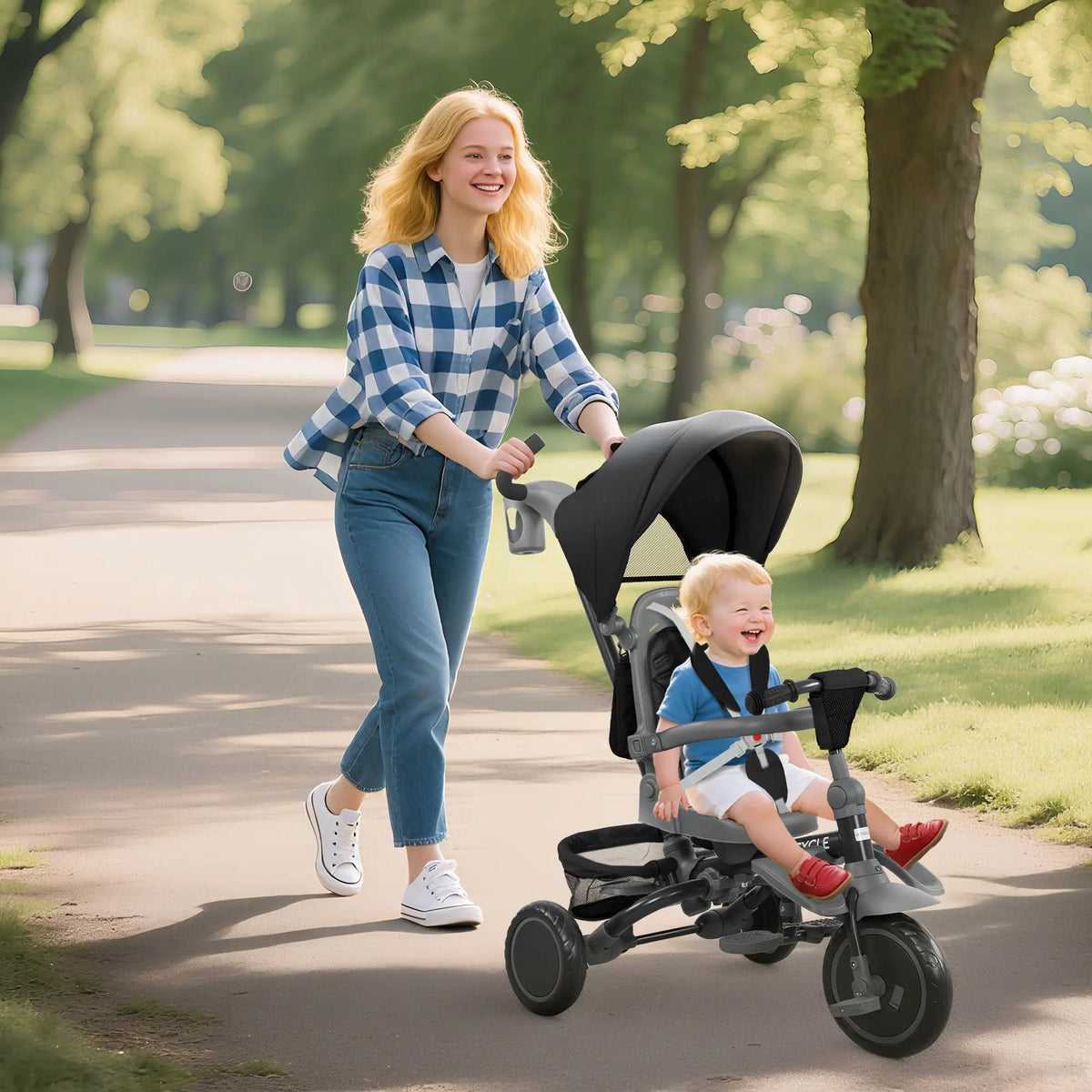 6 in 1 Toddler Tricycle, Push Handle, Removable Canopy, Rotatable Seat, Black Tricycles for Kids at Gallery Canada