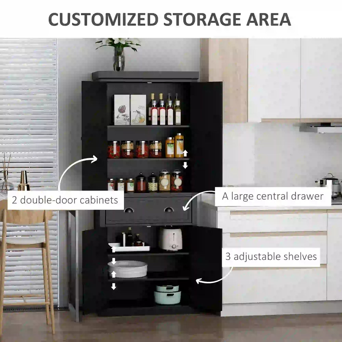 Standing Kitchen Cabinet, 2 Drawers, MDF Board, Black Kitchen Pantry Cabinets at Gallery Canada