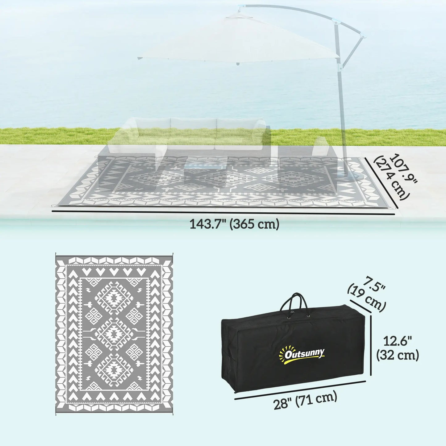 9' x 12' Outdoor RV Rug, Reversible Patio Mat, White and Grey Garden Decor at Gallery Canada