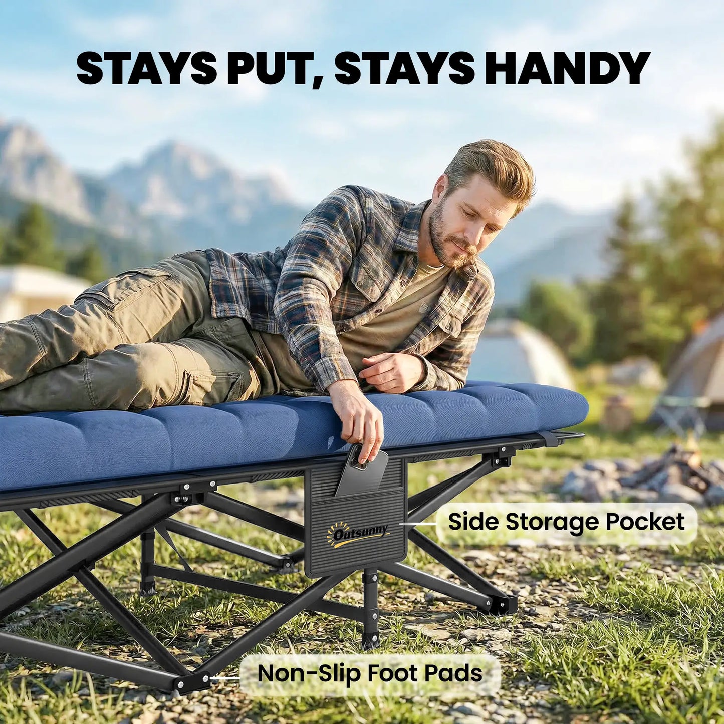 32" Extra Wide Folding Camping Cot, Soft Pad, Non-Slip Feet, Carry Bag, Blue Camping Cots at Gallery Canada