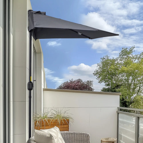 9ft Half Round Umbrella, Outdoor Patio Sun Shade, 5 Ribs, Grey