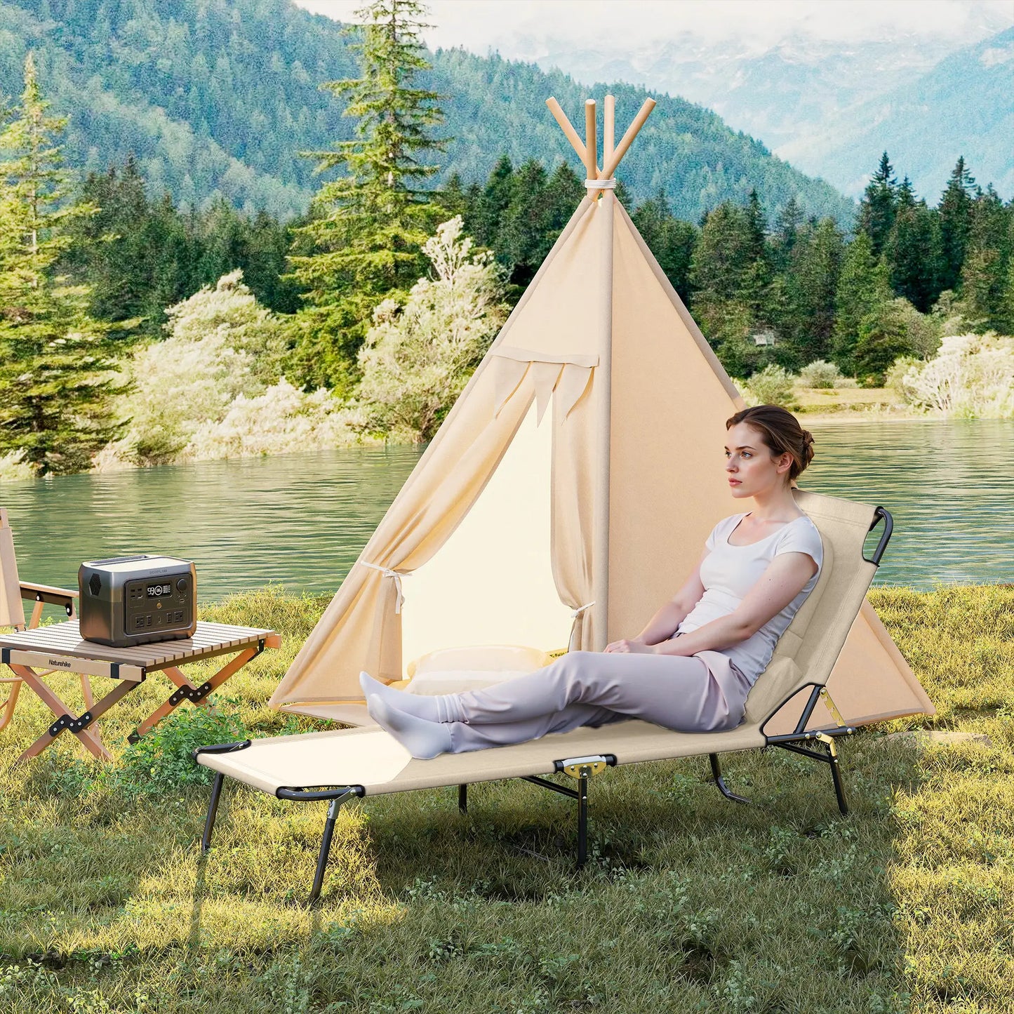 Outdoor Lounge Chair, Adjustable Backrest, Face Hole, Support Pillow, Beige Lounger Chairs at Gallery Canada