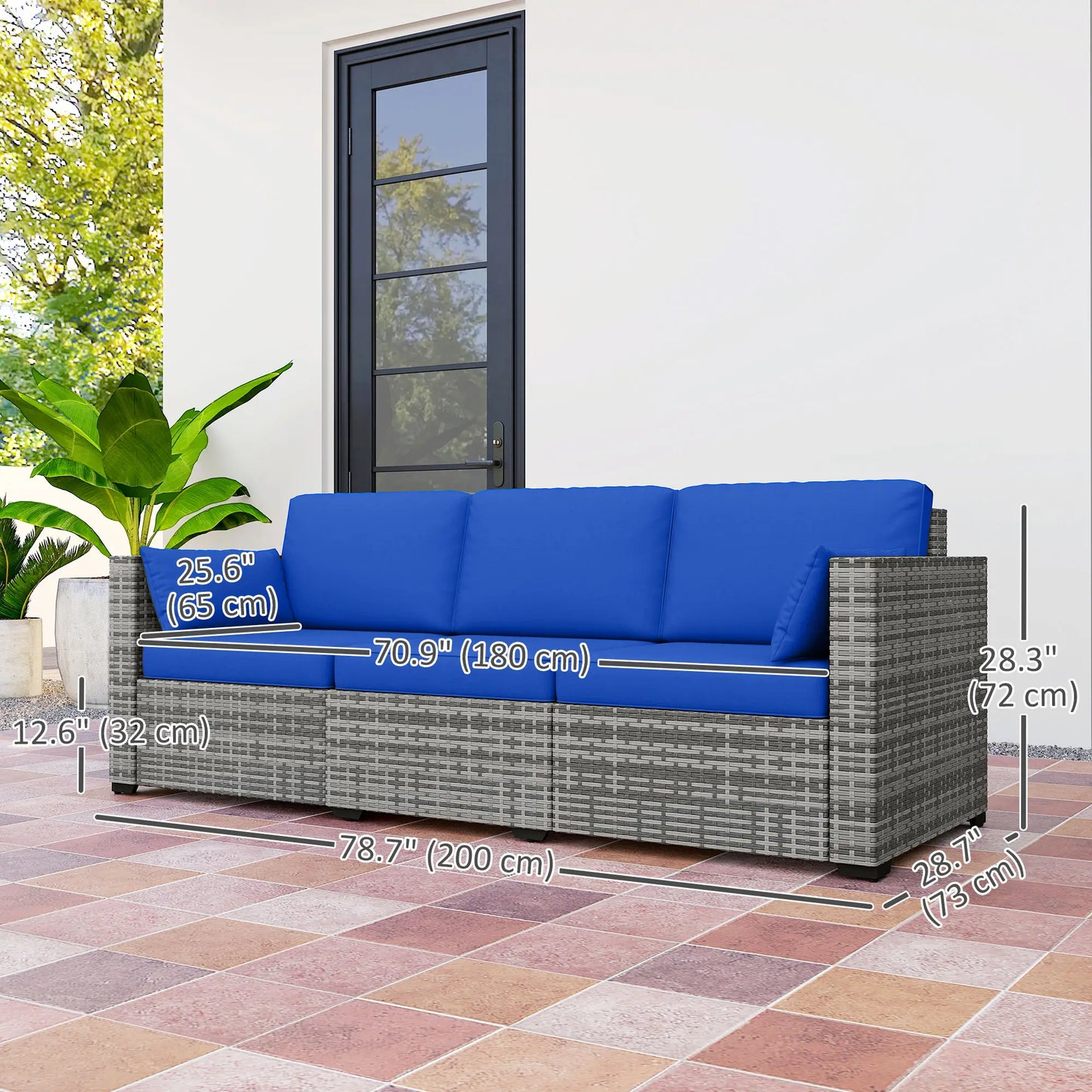 3-Seater Outdoor Sofa with Cushions, PE Rattan, Blue Patio Furniture Sets at Gallery Canada