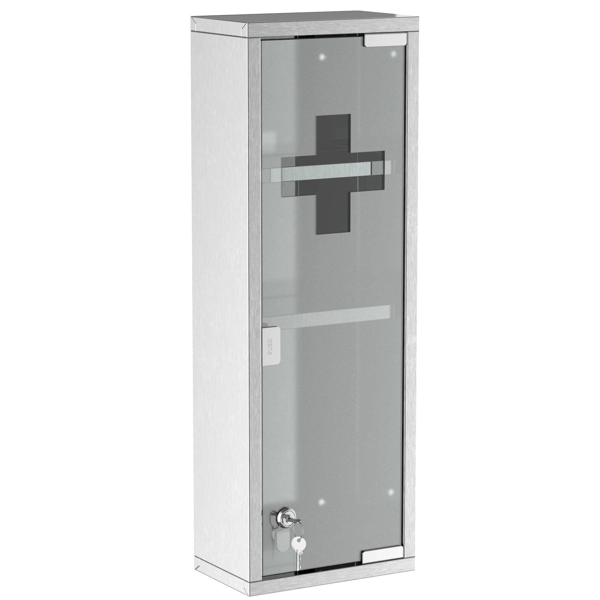 Wall Mount Medicine Cabinet, 3 Tier Shelves, Stainless Steel Frame, Glass Door, Lockable, 8