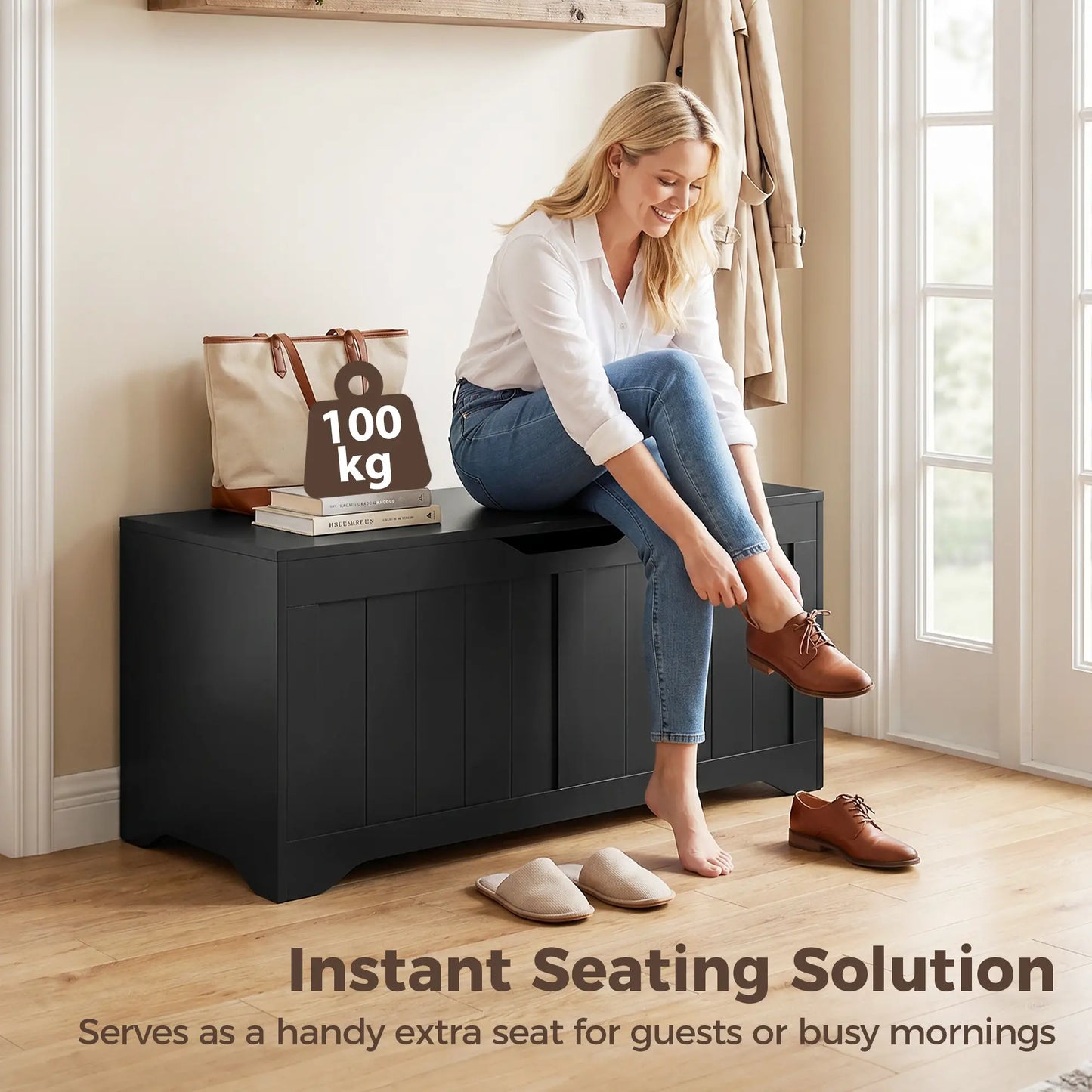 Storage Bench with Lift Top Storage Chest with Safety Hinges for Entryway, Living Room, Black Storage Cabinets at Gallery Canada