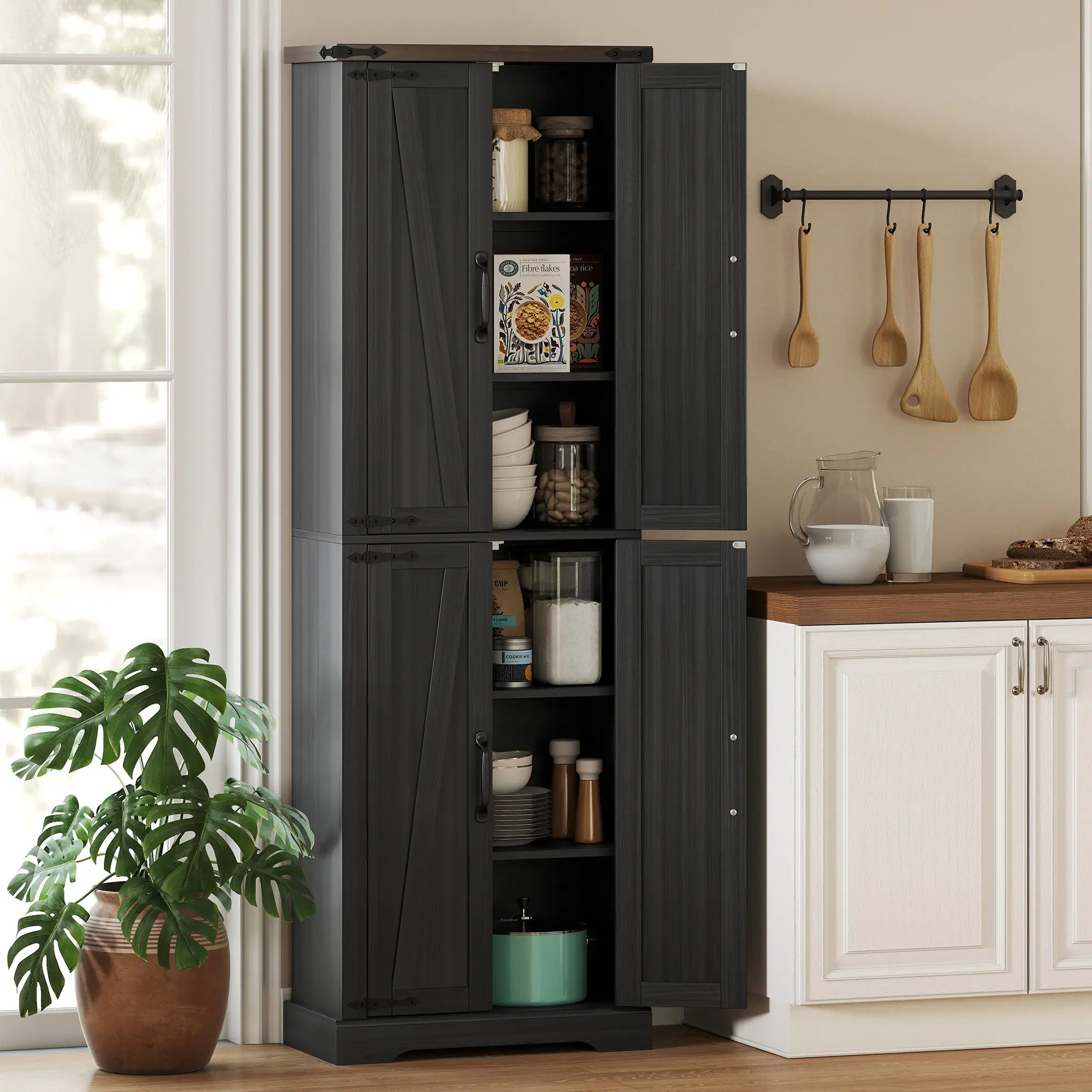 72 Inch Pantry Cabinet, Farmhouse Kitchen Storage with Adjustable Shelves, Black Kitchen Pantry Cabinets at Gallery Canada