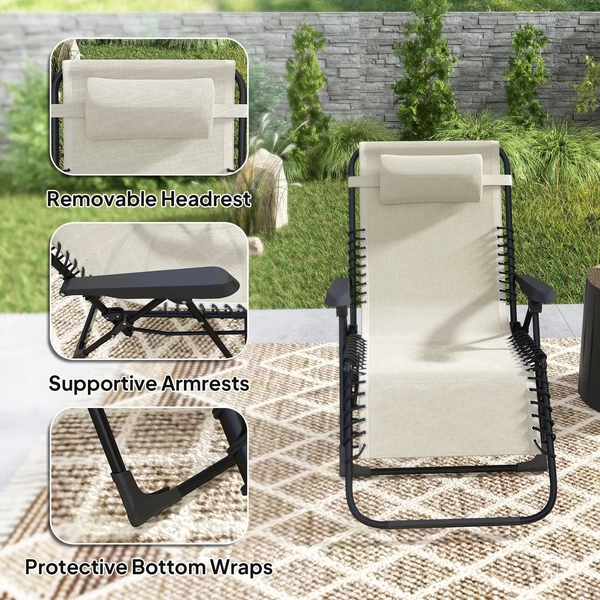 Folding Zero Gravity Chair, 5-Position Adjustable Outdoor Recliner, Beige Lounger Chairs at Gallery Canada