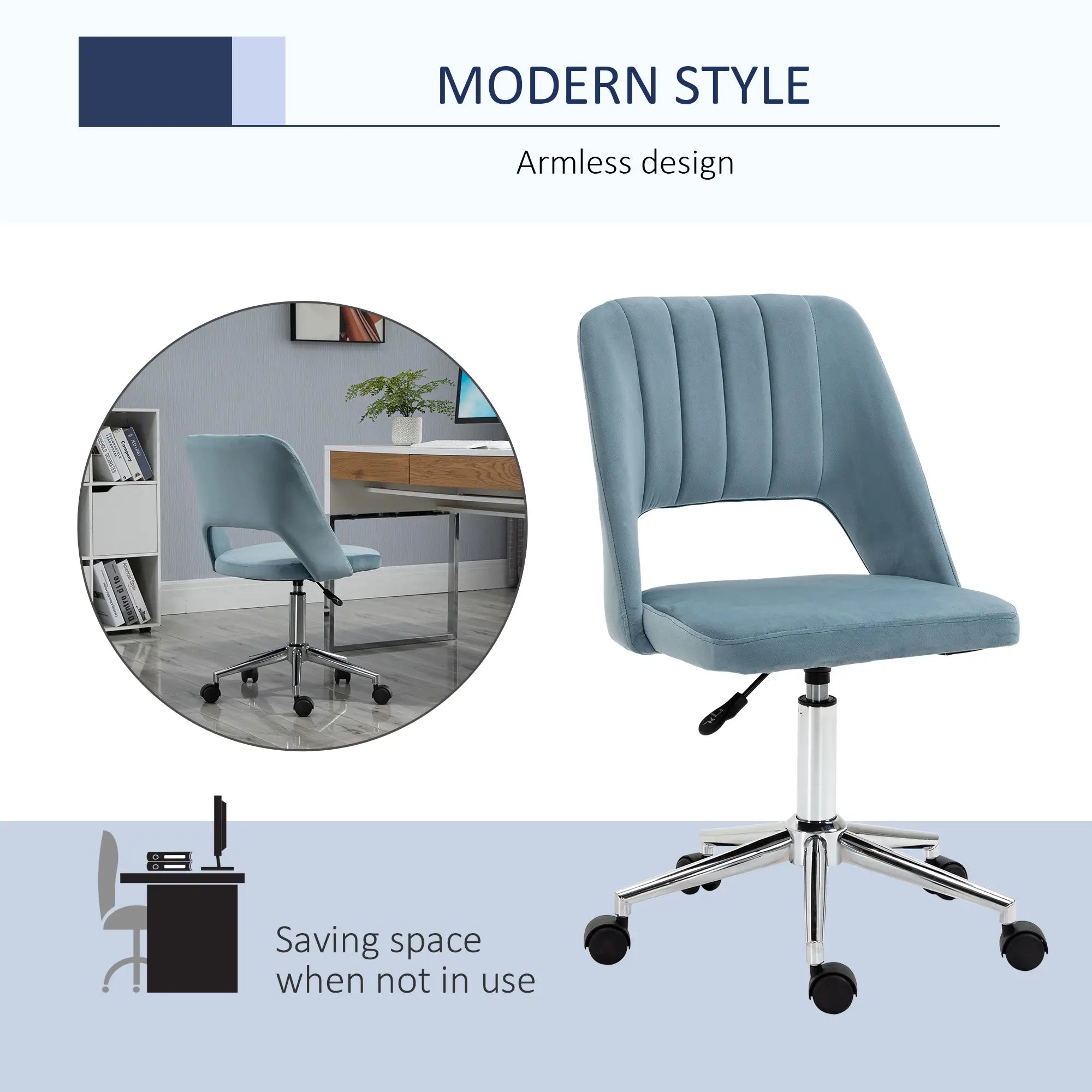 Mid Back Office Chair, Velvet Fabric, Swivel, Scallop Shape, Sky Blue Office Chairs at Gallery Canada