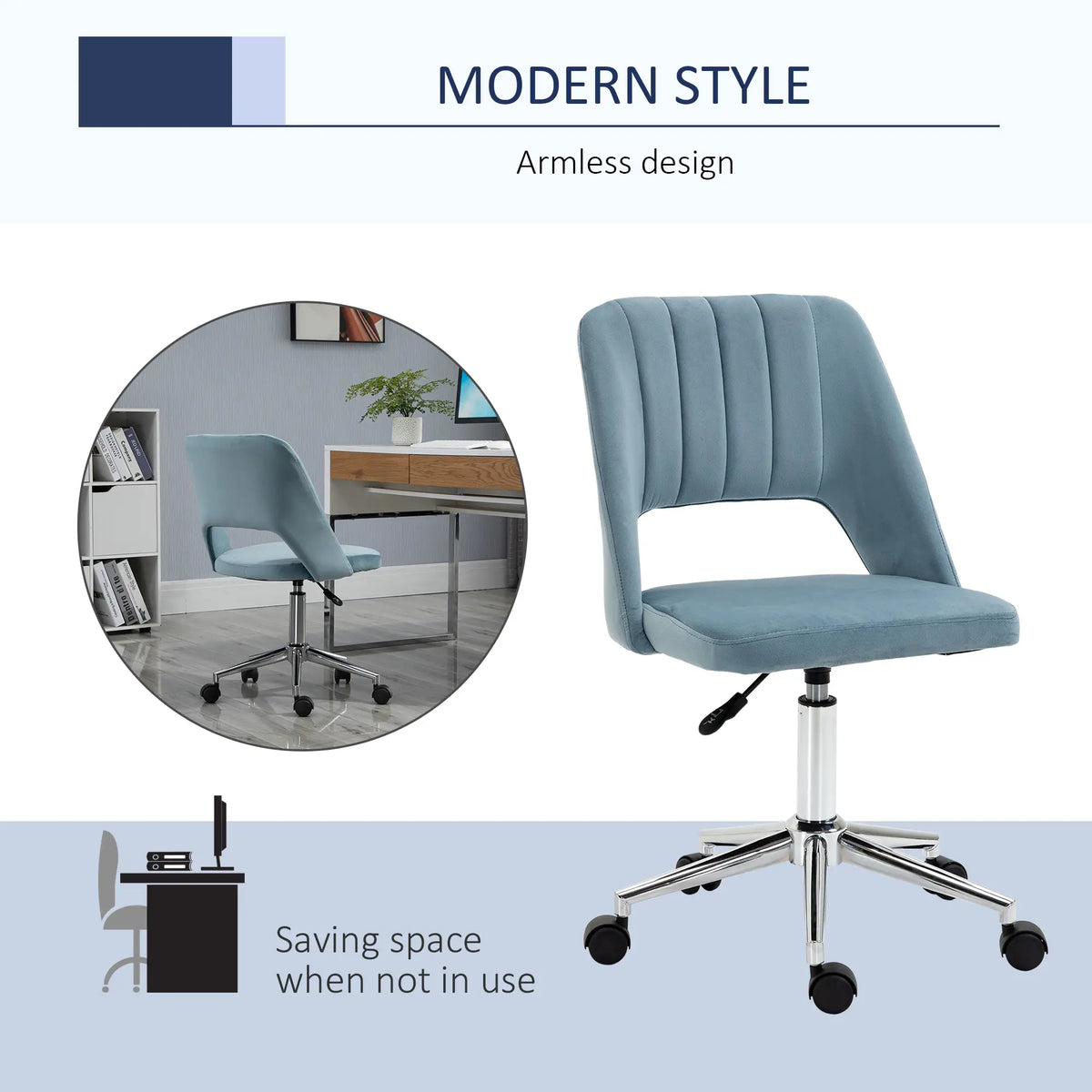 Mid Back Office Chair, Velvet Fabric, Swivel, Scallop Shape, Sky Blue Office Chairs at Gallery Canada