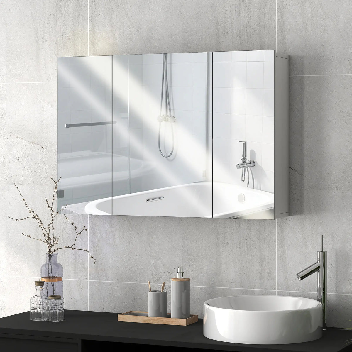 35" x 24" Wall Mounted Mirror Cabinet, 3 Doors, Adjustable Shelves, White Mirror Medicine Cabinets at Gallery Canada