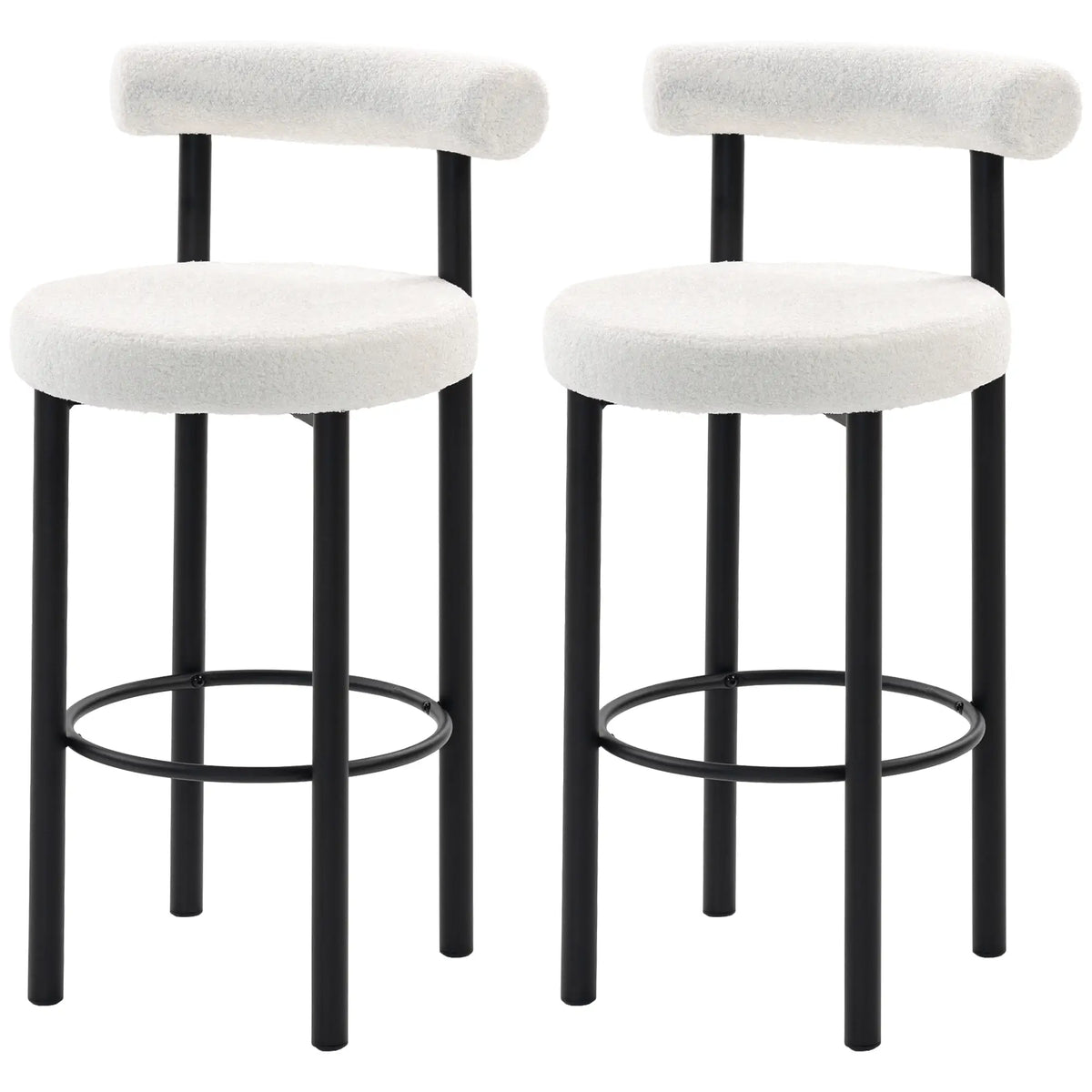 Sherpa Upholstered Bar Stools Set of 2, With Backrest and Footrest Bar Stools Cream White, Black at Gallery Canada