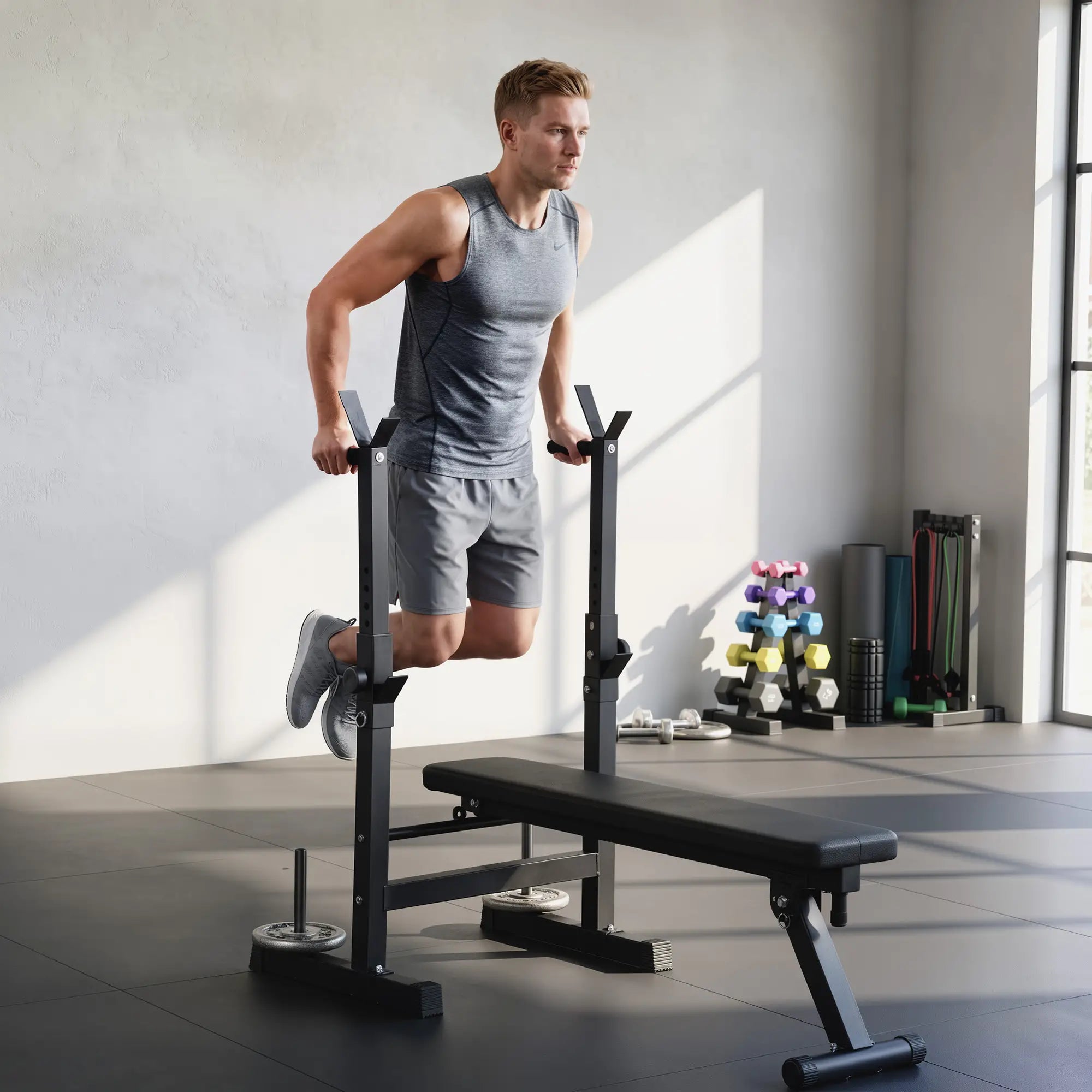 Adjustable Weight Bench, Foldable with Barbell Rack, Dip Station, Black Weight Benches at Gallery Canada