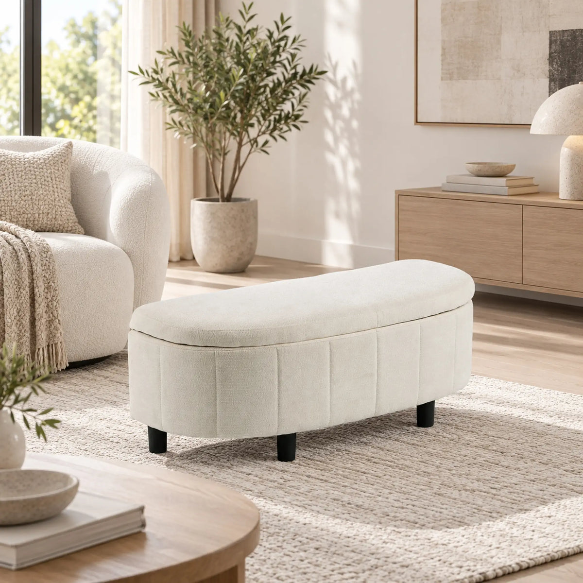 Semi-Round Ottoman With Hydraulic Lift-Top Storage, Cream White Storage Ottomans & Benches at Gallery Canada