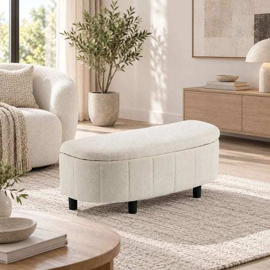 Semi-Round Ottoman With Hydraulic Lift-Top Storage, Cream White Storage Ottomans & Benches Multi Colour at Gallery Canada