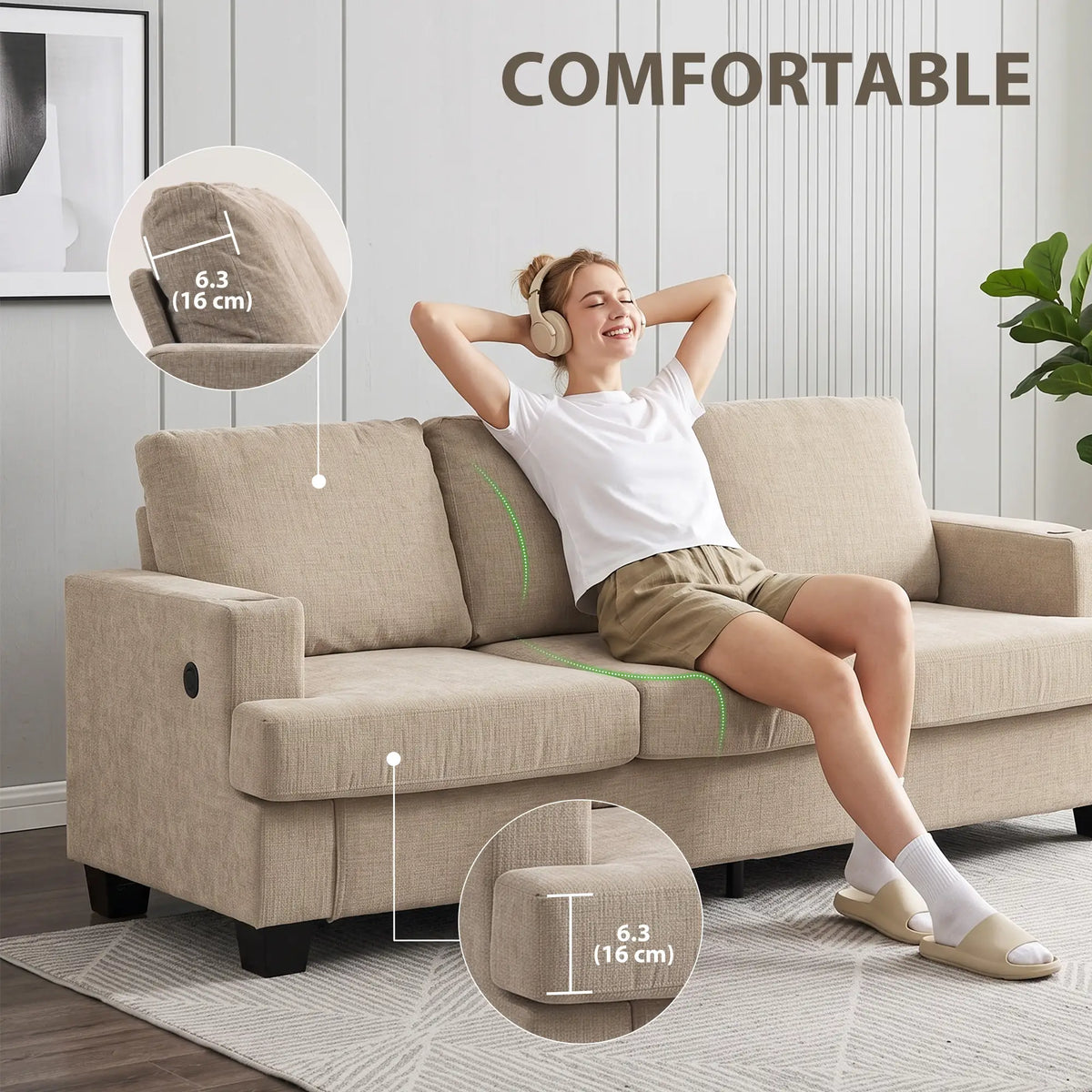3 Seater Sofa with USB Ports, Cup Holders, Chenille Upholstery, Light Brown 3-Seater Sofas at Gallery Canada
