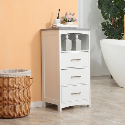 Small Bathroom Storage Cabinet, 3 Drawers, Open Shelf, White Bathroom Cabinets at Gallery Canada