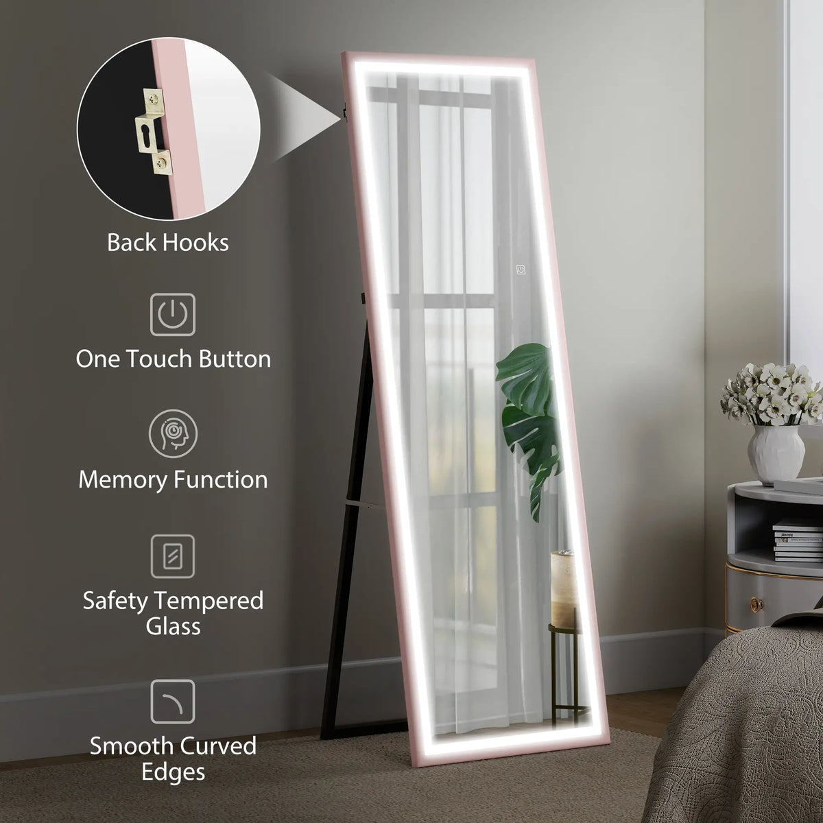 LED Mirror, Dimmable 3 Color Lights, 64" x 21" Rectangular, Pink Full Length Mirrors at Gallery Canada