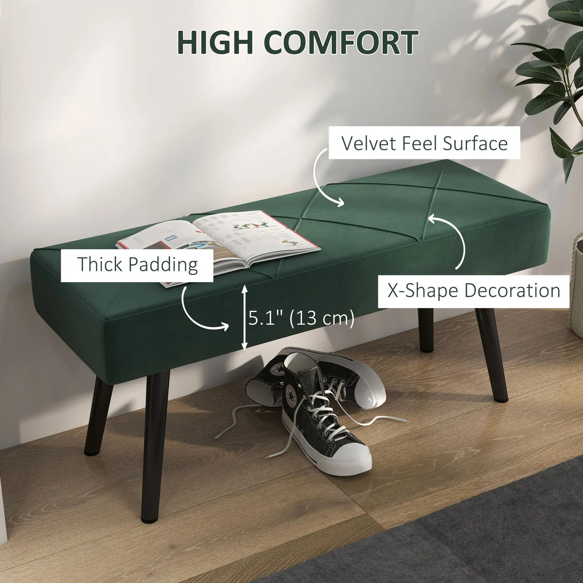 39 Inches Upholstered Bed Bench, Modern Steel Legs, Green Storage Ottomans & Benches at Gallery Canada