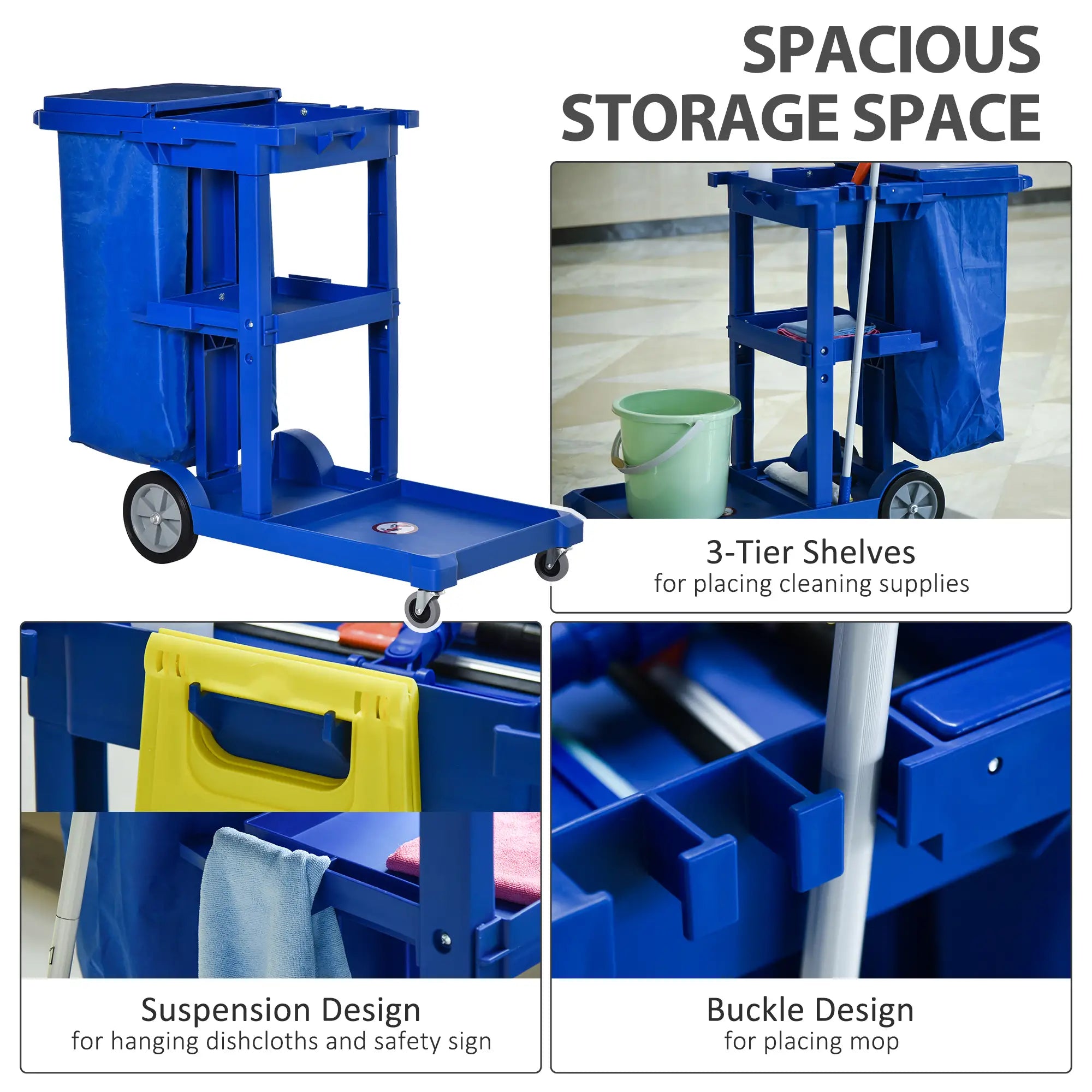 Commercial Janitorial Cart, 3 Tier Shelves, Cleaning Trolley, Rubbish Bag, Mop Mount, Blue Household Supplies at Gallery Canada