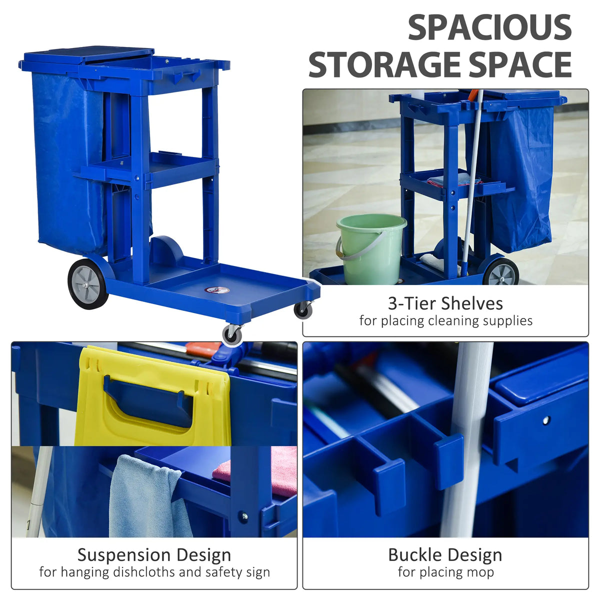 Commercial Janitorial Cart, 3 Tier Shelves, Cleaning Trolley, Rubbish Bag, Mop Mount, Blue Household Supplies at Gallery Canada