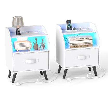 Set Of 2 Nightstands With LED Lights, Power Outlets, White Nightstands White at Gallery Canada