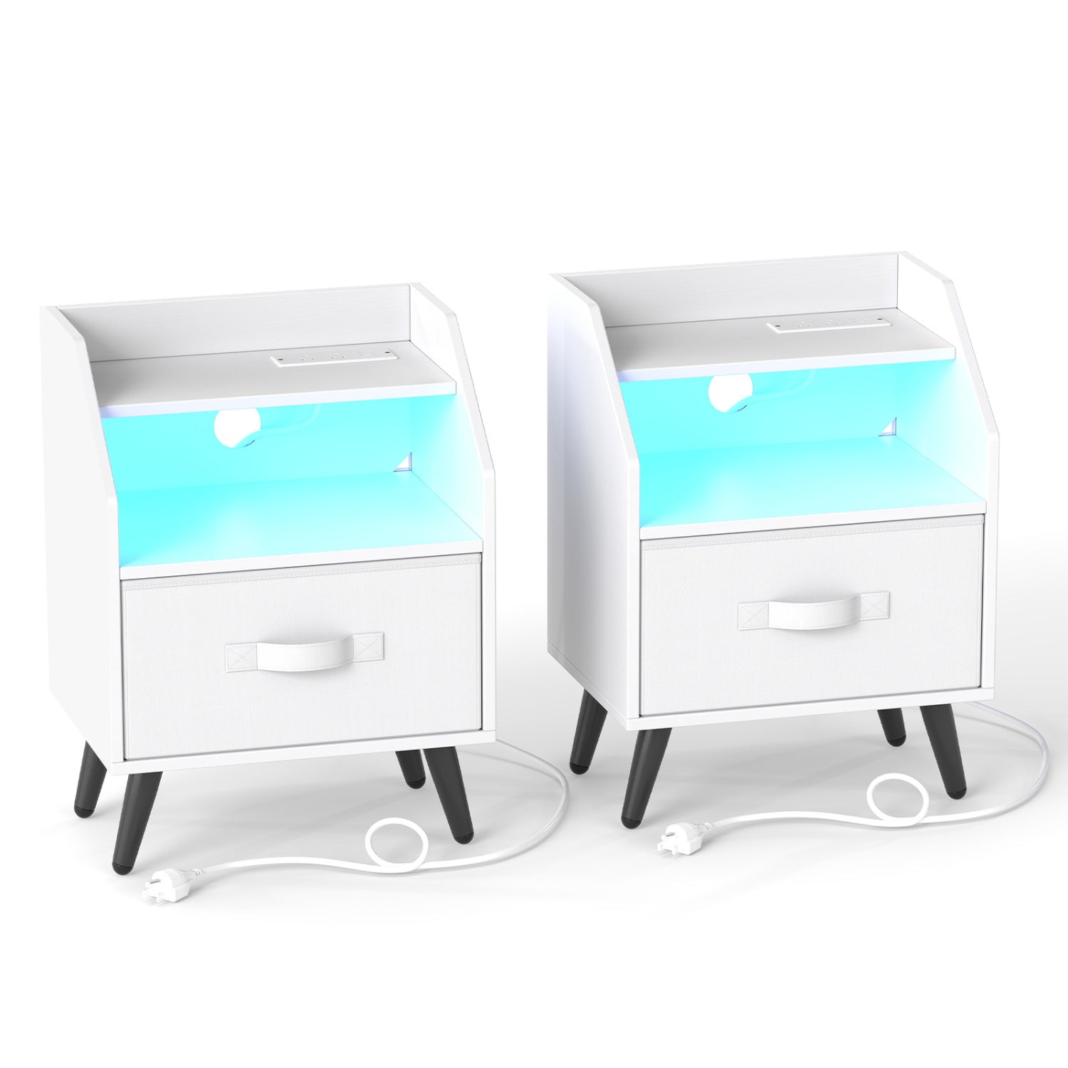 Set Of 2 Nightstands With LED Lights, Power Outlets, White Nightstands at Gallery Canada
