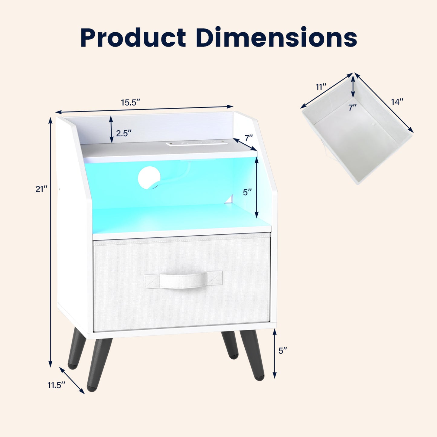 Set Of 2 Nightstands With LED Lights, Power Outlets, White Nightstands at Gallery Canada