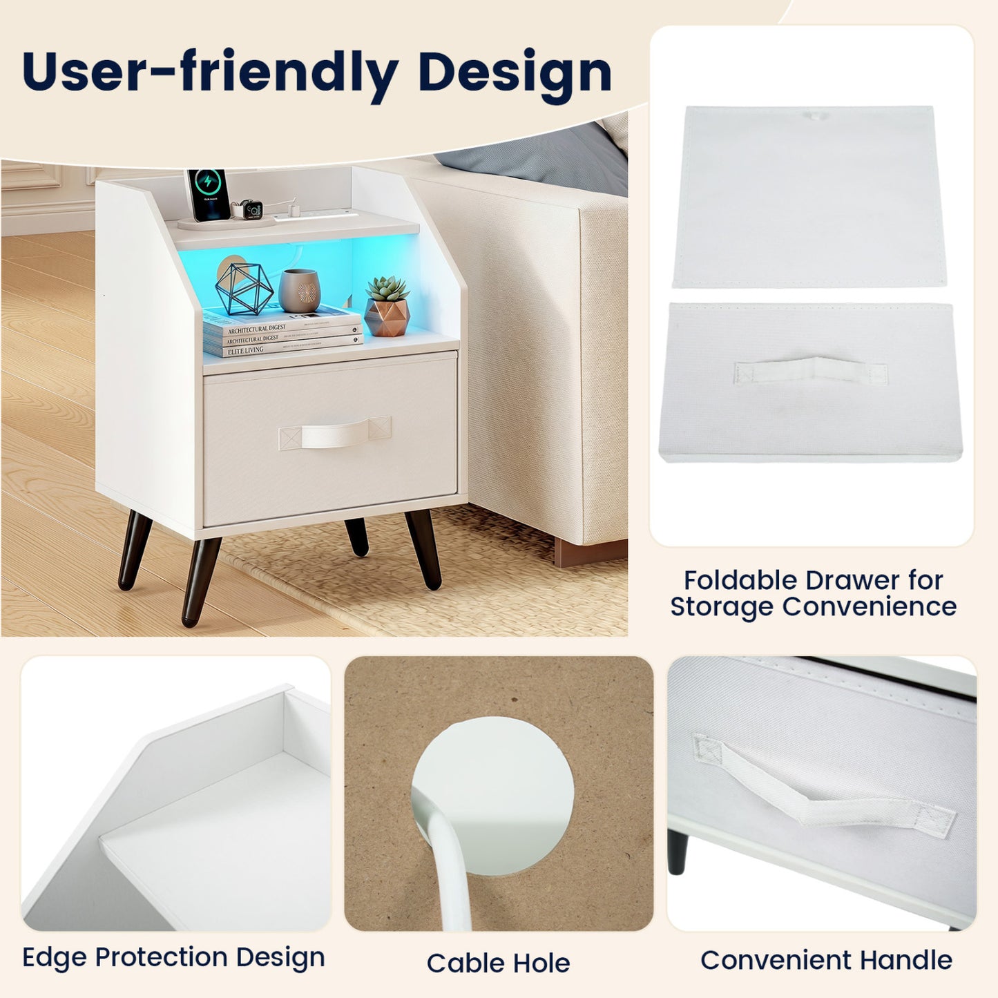 Set Of 2 Nightstands With LED Lights, Power Outlets, White Nightstands at Gallery Canada