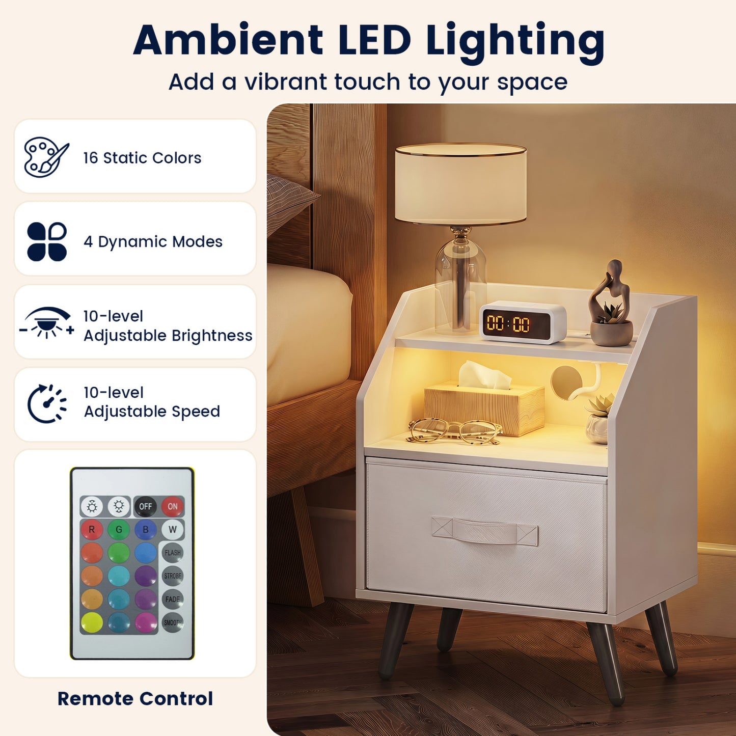 Set Of 2 Nightstands With LED Lights, Power Outlets, White Nightstands at Gallery Canada