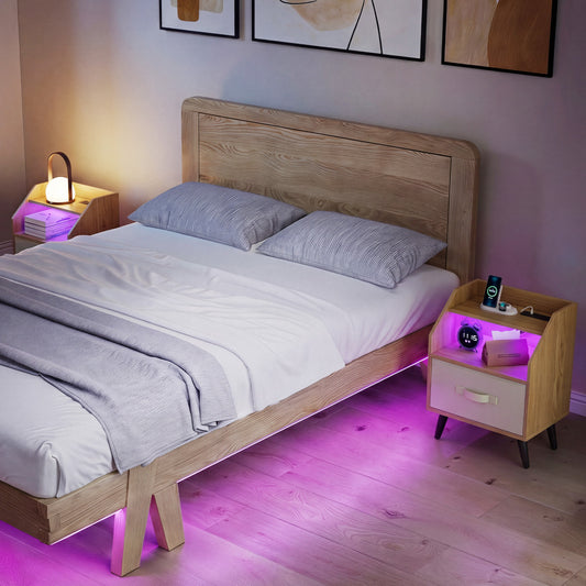 Set of 2 Nightstands with LED Lights, Power Outlets, Natural Nightstands Natural at Gallery Canada