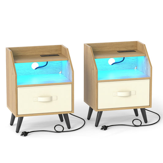 Set of 2 Nightstands with LED Lights, Power Outlets, Natural Nightstands Natural at Gallery Canada
