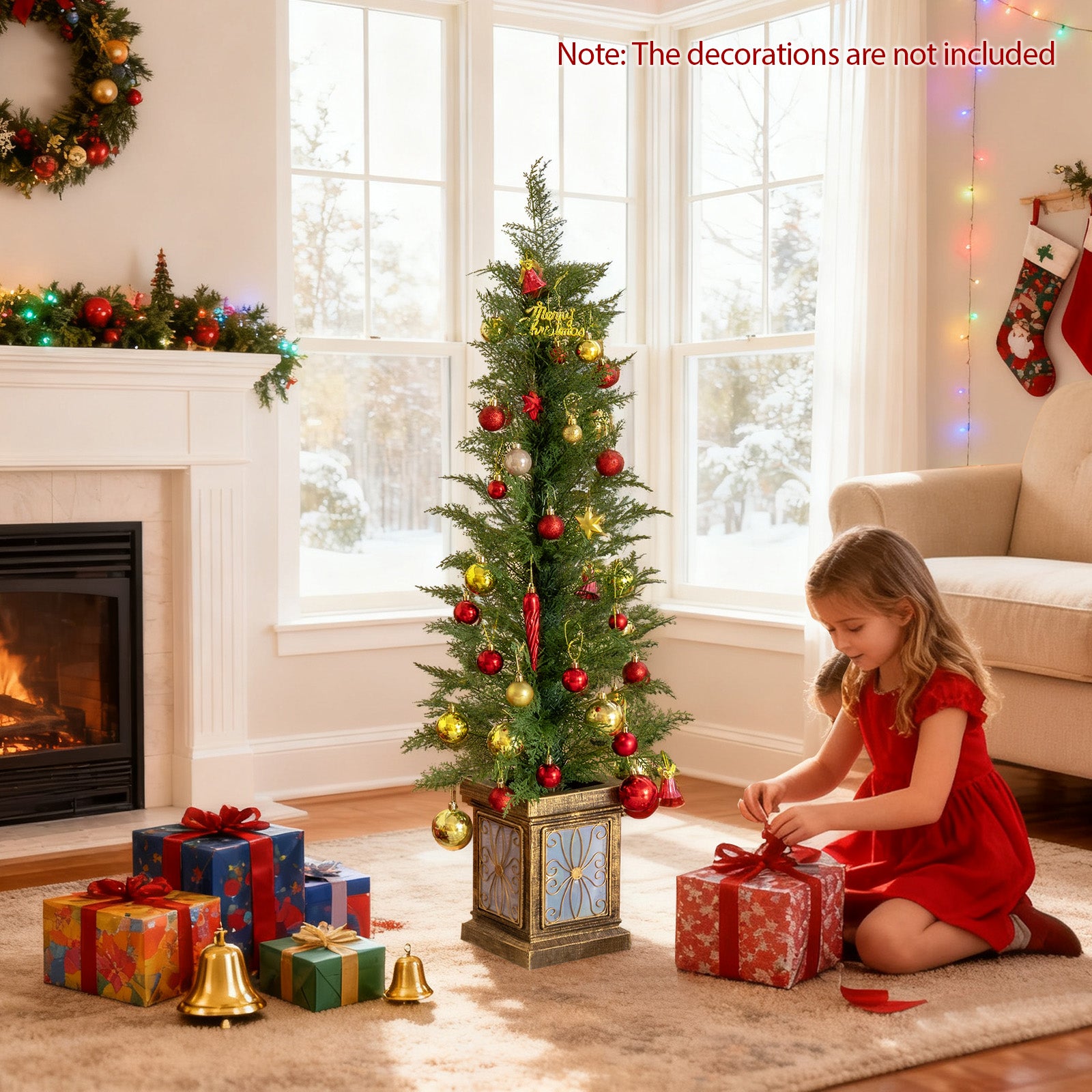 Set of 1/2 4 FT Artificial Christmas Tree Potted Xmas Tree with 100 Branch Tips and Retro Base-Set of 1, Green Christmas Tree at Gallery Canada