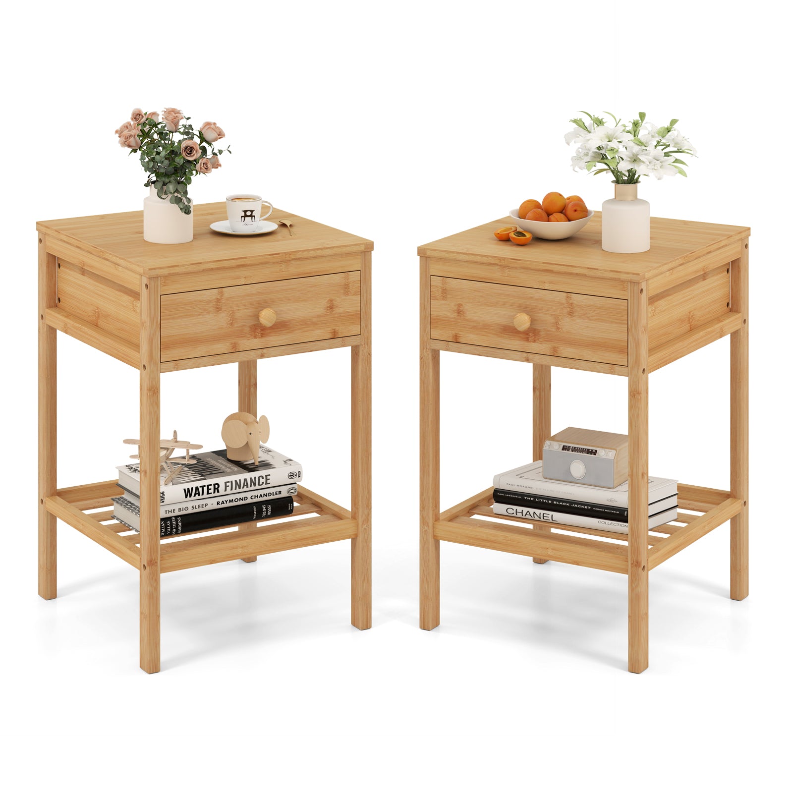 Bamboo Nightstand With Storage Drawer, Open Shelf, 2 Piece Set Nightstands at Gallery Canada