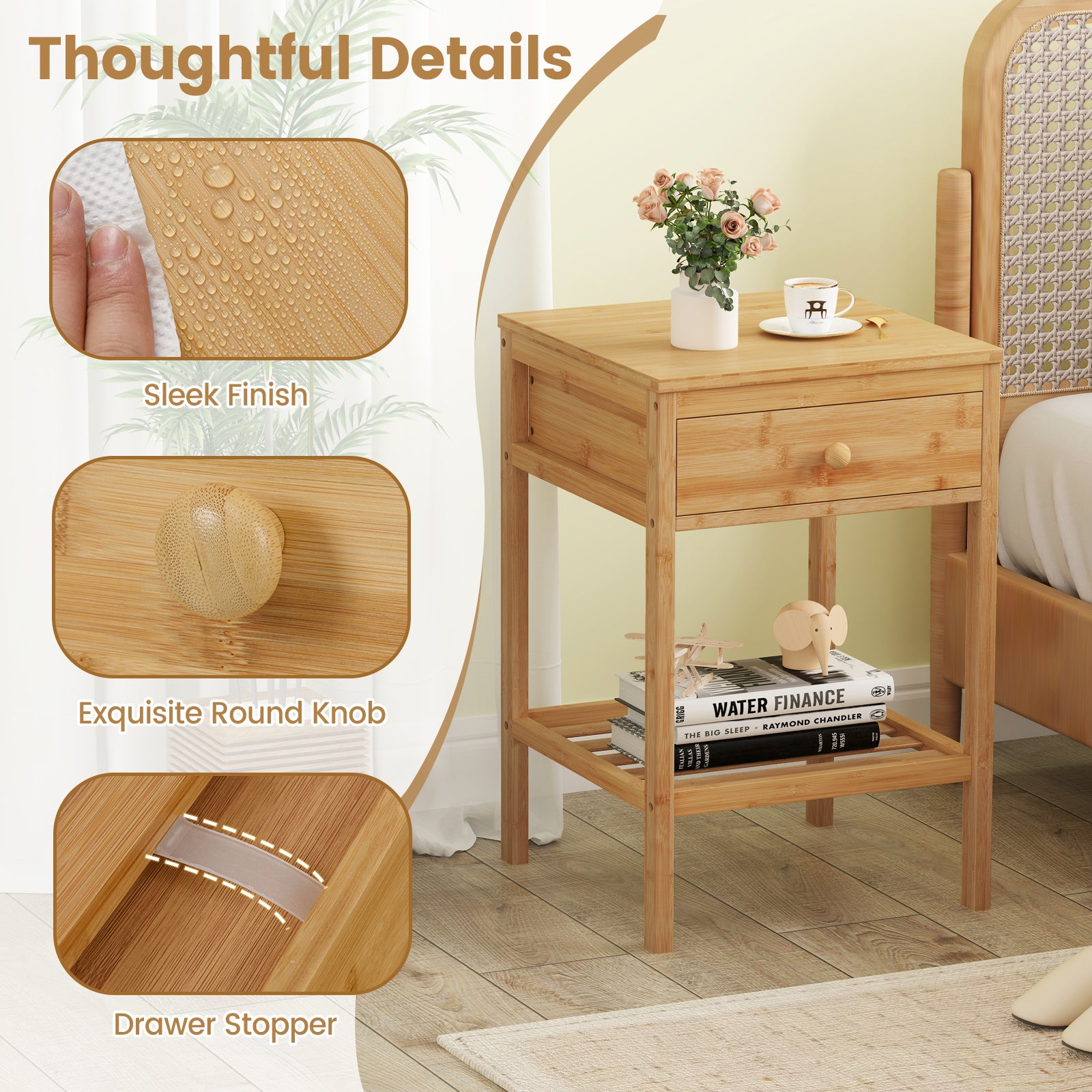 Bamboo Nightstand With Storage Drawer, Open Shelf, 2 Piece Set Nightstands at Gallery Canada